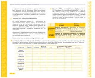y qué están haciendo las autoridades y otras instituciones
para resolverlo. Así se favorecerá hallar oportunidades
sostenibles que debemos aprovechar para realizar alianzas
estratégicas vía convenios u otras iniciativas que concreten la
acción participativa, articuladora y sistémica de la educación
ambiental.
¿Cómo se hace el DiagnósticoAmbiental?
El Comité Ambiental convoca la participación de
representantes de los diversos actores de la comunidad
educativa y de las instituciones relacionadas con la
educación ambiental: salud, gobierno local, plataforma de
defensa civil, también a ONG´s y otras instituciones que
desarrollen proyectos o programas ambientales en la
comunidad.
El diagnóstico ambiental dará como resultado la elaboración
de la Línea Base Ambiental a partir de la cual se medirán los
logros que se vayan alcanzando.
Existen varias herramientas para el diagnóstico ambiental:
Oportunidades
(En listado)
Amenazas
(En listado)
Fortalezas
(En listado)
Estrategias desarrolladoras F-
O, utilizando eficientemente las
fortalezas para aprovechar las
oportunidades.
Estrategias de mantenimiento
F-A, utilizar las fortalezas para
mitigar los efectos de las
amenazas.
Debilidades
(En listado)
Estrategias de adaptación
D-O, permiten superar las
debilidades para aprovechar al
máximo las oportunidades.
Estrategias de supervivencia
D-A, minimizar las debilidades
para evitar o reducir los efectos
de las amenazas.
El análisis FODA, identifica Fortalezas (F), Oportunidades
(O), Debilidades (D) y Amenazas (A) y permite, a partir de
ello, elaborar estrategias para la solución de los problemas
ambientales cruzando las fortalezas para maximizar el
aprovechamiento de las oportunidades y reducir el impacto
de las amenazas. Asi mismo reducir las debilidades para
aprovechar mejor las oportunidades y evitar o mitigar los
efectos de las amenazas.
La Matriz de Indicadores de Evaluación del Enfoque Ambiental. Es una tabla que permite identificar el nivel basal de logro de la IE.
en cada una de las variables de los 5 componentes del enfoque ambiental y luego plantear acciones específicas para el desarrollo
integral de la educación ambiental. En detalle la encontramos al final de esta guía.
Guía de Educación Ambiental - Región Lambayeque
26
Gestión
Institucional
Gestión
Pedagógica
Educación en
Ecoeficiencia
Educación en
Salud
Educación en
Gestión del
Riesgo
Componente IndicadoresAspectos Medios de
verificación Inicio Proceso Previsto Destacado
¿En qué nivel de logro estamos?
 