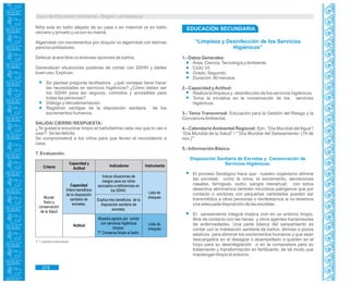 Guía de Educación Ambiental - Región Lambayeque
Criterio
Capacidad y
Actitud
Indicadores Instrumento
Actitud
Mundo
físico y
conservación
de la Salud
Capacidad
Infiere beneficios
de la disposición
sanitaria de
excretas.
Lista de
chequeo
Lista de
chequeo
Induce situaciones de
riesgos para los niños
asociados a deficiencias en
los SSHH.
Explica tres beneficios de la
disposición sanitaria de
excretas.
Muestra agrado por contar
con servicios higiénicos
limpios.
T* Conserva limpio el baño.
Niña sola en baño alejado de su casa o en matorral vs en baño
cercano y privado y va con su mamá.
Algarrobal con excrementos por doquier vs algarrobal con letrinas
para los pobladores.
Defecar al aire libre vs diversas opciones de baños.
Generalizan situaciones positivas de contar con SSHH y darles
buen uso. Explican.
Se plantea pregunta facilitadora ¿qué ventajas tiene hacer
las necesidades en servicios higiénicos? ¿Cómo deben ser
los SSHH para ser seguros, cómodos y accesibles para
todas las personas?
Diálogo y retroalimentación.
Registran ventajas de la disposición sanitaria de los
excrementos humanos.
SALIDA/ CIERRE/ RESPUESTA:
¿Te gustaría encontrar limpio el baño/letrina cada vez que lo vas a
usar? Se les felicita.
Se comprometerá a los niños para que lleven el recordatorio a
casa.
7. Evaluación.
T* = práctica transversal.
EDUCACIÓN SECUNDARIA
“Limpieza y Desinfección de los Servicios
Higiénicos”
1.- Datos Generales:
Área: Ciencia,Tecnología yAmbiente
Ciclo: VI.
Grado: Segundo.
Duración: 90 minutos.
2.- Capacidad yActitud:
Realiza la limpieza y desinfección de los servicios higiénicos.
Toma la iniciativa en la conservación de los servicios
higiénicos.
3.- Tema Transversal: Educación para la Gestión del Riesgo y la
ConcienciaAmbiental.
4.- Calendario Ambiental Regional: Ejm. “Día Mundial del Agua”/
“Día Mundial de la Salud” / ““Día Mundial del Saneamiento- (19 de
nov.)””
5.- Información Básica
Disposición Sanitaria de Excretas y Conservación de
Servicios Higiénicos.
El proceso fisiológico hace que nuestro organismo elimine
las excretas como la orina, el excremento, secreciones
nasales, faríngeas, sudor, sangre menstrual; con estos
desechos eliminamos también microbios patógenos que por
contacto o vectores con pequeñas cantidades pueden ser
transmitidos a otras personas o reinfestarnos si no tenemos
una adecuada disposición de las excretas.
El saneamiento integral implica vivir en un entorno limpio,
libre de contacto con las heces y otros agentes transmisores
de enfermedades. Una parte básica del saneamiento es
contar con la instalación sanitaria de baños, letrinas o pozos
sépticos para eliminar los excrementos humanos y que sean
descargados en el desagüe o alcantarillado o queden en el
hoyo para su desintegración o en la compostera para su
tratamiento y transformación en fertilizante, de tal modo que
mantengan limpio el entorno.
274
 