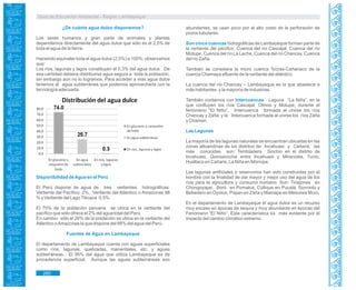 Guía de Educación Ambiental - Región Lambayeque
¿De cuánta agua dulce disponemos?
Los seres humanos y gran parte de animales y plantas
dependemos directamente del agua dulce que sólo es el 2,5% de
toda el agua de la tierra.
Haciendo equivaler toda el agua dulce (2,5%) a 100%; observamos
que:
Los ríos, lagunas y lagos constituyen el 0,3% del agua dulce. De
esa cantidad debiera distribuirse agua segura a toda la población,
sin embargo aún no lo logramos. Para acceder a más agua dulce
tenemos al agua subterránea que podemos aprovecharla con la
tecnología adecuada.
Disponibilidad deAgua en el Perú
El Perú dispone de agua de tres vertientes hidrográficas:
Vertiente del Pacífico: 2%, Vertiente del Atlántico o Amazonas 98
% y Vertiente del LagoTiticaca 0,5%.
El 70% de la población peruana se ubica en la vertiente del
pacífico que sólo ofrece el 2% del agua total del Perú.
En cambio sólo el 26% de la población se ubica en la vertiente del
Atlántico oAmazonas la que dispone del 98% del agua del Perú.
Fuentes de Agua en Lambayeque
El departamento de Lambayeque cuenta con aguas superficiales
como ríos, lagunas, quebradas, manantiales, etc. y aguas
subterráneas. El 95% del agua que utiliza Lambayeque es de
procedencia superficial. Aunque las aguas subterráneas son
abundantes, se usan poco por el alto costo de la perforación de
pozos tubulares.
Son cinco cuencas hidrográficas de Lambayeque forman parte de
la vertiente del pacífico: Cuenca del río Cascajal, Cuenca del río
Motupe, Cuenca del río La Leche, Cuenca del río Chancay, Cuenca
del río Zaña.
También se considera la micro cuenca Tocras-Cañariaco de la
cuenca Chamaya afluente de la vertiente del atlántico.
La cuenca del río Chancay – Lambayeque es la que abastece a
más habitantes y la mayoría de industrias.
También contamos con : Laguna “La Niña”, en laIntercuencas
que confluyen los ríos Cascajal, Olmos y Motupe, durante el
fenómeno “El Niño”, Intercuenca formada al unirse los ríos
Chancay y Zaña; y la Intercuenca formada al unirse los ríos Zaña
y Chaman.
Las Lagunas
La mayoría de las lagunas naturales se encuentran ubicadas en las
zonas altoandinas de los distritos de Incahuasi y Cañaris, las
más conocidas son: Tembladera Sinchin en el distrito de
Incahuasi, Quinsacocha entre Incahuasi y Miracosta, Tucto,
Hualtaco en Cañaris, La Niña en Mórrope.
Las lagunas artificiales o reservorios han sido construidas por el
hombre con la finalidad de dar mayor y mejor uso del agua de los
ríos para la agricultura y consumo humano. Son: Tinajones en
Chongoyape; Boró en Pomalca, Collique en Pucalá, Sorronto y
Bebedero en Oyotún, Popan en Zaña y Mamape en Mesones Muro.
En el departamento de Lambayeque el agua dulce es un recurso
muy escaso en épocas de sequía y muy abundante en épocas del
Fenómeno “El Niño”. Esta característica es más evidente por el
impacto del cambio climático extremo.
280
 