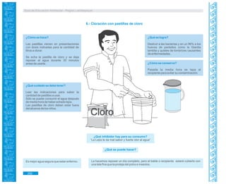 Guía de Educación Ambiental - Región Lambayeque
6.- Cloración con pastillas de cloro
¿Cómo se hace?
Las pastillas vienen en presentaciones
con dosis indicadas para la cantidad de
litros a clorar.
Se echa la pastilla de cloro y se deja
reposar el agua durante 30 minutos
antes de usarla.
¿Qué se logra?
Destruir a las bacterias y en un 96% a los
huevos de parásitos como la Giardia
lamblia y quistes de lombrices causantes
de enfermedades.
¿Qué cuidado se debe tener?
Leer las indicaciones para saber la
cantidad de pastillas a usar.
Sólo se puede consumir el agua después
de media hora de haber echado lejía.
Las pastillas de cloro deben estar fuera
del alcance de los niños.
¿Cómo se conserva?
Pasada la media hora se tapa el
recipiente para evitar su contaminación.
¿Qué inhibidor hay para su consumo?
“La Lejía le da mal sabor y fuerte olor al agua”
¿Qué se puede hacer?
Es mejor agua segura que estar enfermo. La hacemos reposar un día completo, pero el balde o recipiente estará cubierto con
una tela fina que la proteja del polvo e insectos.
Cloro
292
 