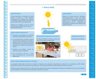 Guía de Educación Ambiental - Región Lambayeque
7.- Método SODIS
¿Cómo se hace?
El agua asentada y clarificada se vacía
hasta el tope en unas botellas
transparentes de plástico bien lavadas.
La botellas pueden pintarse de negro en
la parte sobre la que van a descansar.
Exponer las botellas al sol en forma
horizontal durante 08 horas continuas.
Reposar para enfriar.
¿Qué se logra?
Destruir a la mayor parte de bacterias,
microorganismos y virus del agua,
causantes de enfermedades, gracias a la
acción de la radiación ultravioleta A
(bactericida) y por el incremento de
temperatura al exponer las botellas al sol
(pasteurización).
¿Qué cuidado se debe tener?
Al exponer las botellas al sol, deben
estar fuera del alcance de los niños.
La capacidad de las botellas máximo
será de 2 litros y elegir las de plástico
resistente tipo PET que se reconoce
porque tiene un cierto brillo azul que se
nota más en el borde de la boca de la
botella.
Cambiar las botellas cuando se
observan opacas o rayadas.
L a s b o t e l l a s d u r a n 1 a ñ o
aproximadamente usándolas
diariamente.
¿Cómo actúa la Radiación Solar en el Agua?
La radiación ultravioleta A del sol es invisible e impacta en las bacterias rompiendo los enlaces en su molécula de ADN (Ácido
desoxirribonucleico) necesaria para su reproducción, eso cambia la estructura de las bacterias y entonces mueren.
Aello se suma la radiación infrarroja o calor del sol que genera incremento de temperatura al exponer las botellas al sol, eso no es resistido
por las bacterias, protozoarios y virus del agua, entonces se mueren.
Qué motivador hay para su consumo?
El método SODIS no cambia el sabor del
agua, por eso es muy apreciado.
¿Dónde se conserva?
En las mismas botellas.
293
 