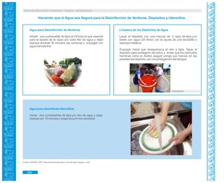 Guía de Educación Ambiental - Región Lambayeque
Haciendo que el Agua sea Segura para la Desinfección de Verduras, Depósitos y Utensilios.
Agua para Desinfección de Verduras
Añadir una cucharadita de lejía al 10%(es la que usamos
para el lavado de la ropa) por cada litro de agua y dejar
reposar durante 30 minutos, las verduras y enjuagar con
agua hervida fría.
Limpieza de los Depósitos de Agua
Lavar el depósito con una mezcla de ½ taza de lejía y un
balde con agua (20 litros) con la ayuda de una escobilla o
esponja metálica.
Enjuagar hasta que desaparezca el olor a lejía. Tapar el
depósito para protegerlo del polvo y evitar que los zancudos
hembras como el Aedes aegypti ponga sus huevos en las
paredes del depósito, así nos protegemos del dengue.
minsa.gob.pe
Agua para desinfectar Utensilios.
Verter dos cucharaditas de lejía por litro de agua y dejar
reposar por 15 minutos y luego escurrir los utensilios.
Fuente: DIGESA. 2007. Recomendaciones para el uso de Agua Segura. Lima.
294
 