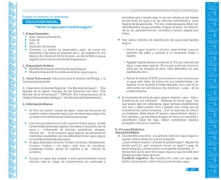 Guía de Educación Ambiental - Región Lambayeque
EDUCACIÓN INICIAL
“Hervir el agua para hacerla segura”
1.- Datos Generales:
Área: Ciencia yAmbiente.
Ciclo: III.
Año: 3.
Duración: 45 minutos.
Contexto: La sesión se desarrollará antes de tomar los
alimentos y los niños se disponen en U. Se requiere de una
tetera y dos títeres en forma de gota: uno de tul blanco (agua
segura) y otro marrón simulando el agua sucia.
2.- Capacidad yActitud:
Identifica formas de consumo de agua segura.
Muestra disposición favorable para beber agua segura.
3.- Tema Transversal: Educación para la Gestión del Riesgo y la
ConcienciaAmbiental.
4.- Calendario Ambiental Regional: “Día Mundial del Agua”/ “Día
Mundial de la Salud” Semana de los Derechos del Niño” “Día
Mundial de la Alimentación”, “DIAGUA -Día Interamericano de la
Gestión Responsable delAgua”. “Día Mundial del Saneamiento”.
5.- Información Básica:
El 70% de nuestro cuerpo es agua, todas las funciones de
nuestro cuerpo requieren agua, por eso tener agua segura es
un derecho fundamental de todas las personas.
Los niños y profesores en la IE requieren beber agua y si está
contaminada entonces ingieren microbios y virus junto con el
agua y enfermarán de diarreas, parasitosis, alergias,
riñones, etc. Si se consume agua segura, las personas se
mantienen saludables, por eso debe disponerse agua segura
en cantidad suficiente para todos.
El agua apta para consumo humano es limpia, transparente,
incolora, inodora y sin sabor, está libre de microbios,
sustancias tóxicas, larvas de insectos y de huevos de
parásitos.
Aunque el agua sea potable o esté aparentemente limpia
siempre está en riesgo de contaminarse con partículas y
microbios que a simple vista no se ven debido al mal estado
de las redes de agua y de las pésimas costumbres y poca
higiene de las personas. Por eso, todas las aguas deben ser
desinfectadas: el agua potable, el agua de pozo, de cisterna,
de río, etc. para eliminar los microbios y hacerla segura para
todos.
Hay varios métodos de desinfección del agua para hacerla
segura:
Hervir el agua durante 3 minutos, dejar enfriar y que se
asienten las sales y vaciarla a un recipiente limpio y
taparlo.
Agregar 3 gotas de lejía comercial al 10% por cada litro de
agua, luego dejar reposar 30 minutos antes de consumir,
para que se evapore el cloro. Otra alternativa es usar
pastillas de cloro.
Aplicar el método SODIS que consiste en que una vez que
el agua esté clara, se coloca en una botella limpia y se
expone al sol durante 8 horas seguidas para que la luz
ultravioleta del sol destruya las bacterias. Luego ya se
puede consumir.
El recipiente de toma de agua segura: biberón, vaso, taza o
botella es de uso individual. Después de tomar agua hay
que lavarlo bien con detergente, agua hervida o desinfectada
con lejía y debe quedar seco y tapado para evitar que se
contamine con polvo o insectos. Si en un aula hay 25 niños y
su profesora, debe haber 26 tazas o vasos limpios, secos y
bien tapados. Los depósitos del agua se lavan con escobilla y
desinfectan todos los días, deben mantenerse tapados
protegidos del polvo e insectos.
6.- Proceso Didáctico:
INICIO/ENTRADA:
Se presenta a los niños una jarra de vidrio con agua segura y
tapada, ellos la observan y se les pregunta:
¿Qué contiene la jarra? ¿Aquién le gusta el agua? Alguien ha
tenido sed?¿En qué recipiente toman su agua? Luego de
tomar el agua a ¿Dónde ponen su recipiente (taza/vaso..)?
Se les dice que la jarra tiene agua segura y que es apta para
tomarla porque mamá la hirvió.
Conflicto cognitivo: Se muestra otro vaso con agua algo
turbia y les pregunta: si les invito un poco de esta agua,
Ejemplo de sesiones de aprendizaje
297
 