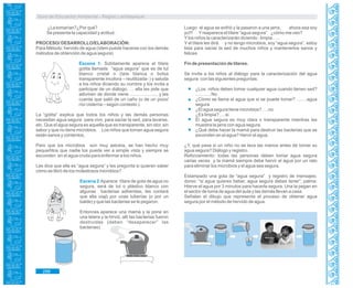 Guía de Educación Ambiental - Región Lambayeque
¿La tomarían?¿Por qué?
Se presenta la capacidad y actitud.
PROCESO/ DESARROLLO/ELABORACIÓN:
Para Método: hervido de agua (ídem puede hacerse con los demás
métodos de obtención de agua segura)
Escena 1: Súbitamente aparece el títere
gotita llamada “agua segura” que es de tul
blanco cristal o (tela blanca o bolsa
transparente incolora – reutilizada- ) y saluda
a los niños diciendo su nombre y los invita a
participar de un diálogo. … ella les pide que
adivinen de dónde viene …………….... y les
cuenta que salió de un caño (o de un pozo/
río/ cisterna – según contexto ).
La “gotita” explica que todos los niños y las demás personas
necesitan agua segura para vivir, para saciar la sed, para lavarse,
etc. Que el agua segura es aquella que es transparente, sin olor, sin
sabor y que no tiene microbios. Los niños que toman agua segura
están sanos y contentos.
Pero que los microbios son muy astutos, se han hecho muy
pequeñitos que nadie los puede ver a simple vista y siempre se
esconden en el agua cruda para enfermar a los niños.
Les dice que ella es “agua segura” y les pregunta si quieren saber
cómo se libró de los molestosos microbios?
Escena 2:Aparece títere de gota de agua no
segura, será de tul o plástico blanco con
algunas bacterias adheridas, les contará
que ella viajó por unas tuberías (o por un
balde) y que las bacterias se le pegaron.
Entonces aparece una mamá y la pone en
una tetera y la hirvió, allí las bacterias fueron
destruidas (deben “desaparecer” las
bacterias).
Luego el agua se enfrió y la pasaron a una jarra, ahora esa soy
yo!!! Yreaparece el títere “agua segura” ¿cómo me veo?
Ylos niños la caracterizarán diciendo : limpia…..
Y el títere les dirá: y no tengo microbios, soy “agua segura”, estoy
lista para saciar la sed de muchos niños y mantenerlos sanos y
felices.
Fin de presentación de títeres.
Se invita a los niños al diálogo para la caracterización del agua
segura con las siguientes preguntas:
¿Los niños deben tomar cualquier agua cuando tienen sed?
………. No
¿Cómo se llama el agua que si se puede tomar? …….agua
segura
¿El agua segura tiene microbios? ….no
¿Es limpia? ….si
El agua segura es muy clara o transparente mientras les
muestra la jarra con agua segura.
¿Qué debe hacer la mamá para destruir las bacterias que se
esconden en el agua? Hervir el agua.
¿Y, qué pasa si un niño no se lava las manos antes de tomar su
agua segura? Diálogo y registro.
Reforzamiento: todas las personas deben tomar agua segura
varias veces y la mamá siempre debe hervir el agua por un rato
para eliminar los microbios y el agua sea segura.
Estampado una gota de “agua segura” y registro de mensajes:
dorso: “si agua quieres beber, agua segura debes tener”; palma:
Hierve el agua por 3 minutos para hacerla segura. Una la pegan en
el sector de toma de agua del aula y las demás llevan a casa.
Señalan el dibujo que representa el proceso de obtener agua
segura por el método de hervido de agua.
298
 