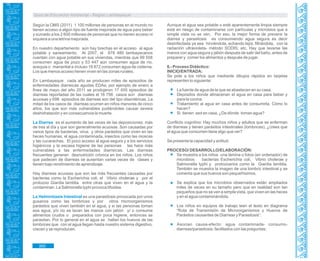 Guía de Educación Ambiental - Región Lambayeque
Según la OMS (2011) 1 100 millones de personas en el mundo no
tienen acceso a algún tipo de fuente mejorada de agua para beber
y sumado a los 2 600 millones de personas que no tienen acceso ni
siquiera a una letrina mejorada.
En nuestro departamento aún hay brechas en el acceso al agua
potable y saneamiento. Al 2007, el 678 480 lambayecanos
cuentan con agua potable en sus viviendas, mientras que 99 558
consumen agua de pozo y 53 447 aún consumen agua de río,
acequia o manantial e incluso 16 872 consumen agua de cisterna.
Los que menos acceso tienen viven en las zonas rurales.
En Lambayeque cada año se producen miles de episodios de
enfermedades diarreicas agudas EDAs; por ejemplo de enero a
fines de mayo del año 2011 se produjeron 17 455 episodios de
diarreas reportadas de las cuales el 16 756 casos son diarreas
acuosas y 698 episodios de diarreas son del tipo disentéricas. La
mitad de los casos de diarreas ocurren en niños menores de cinco
años, los que son más vulnerables pudiéndoles causar severa
deshidratación y en consecuencia la muerte.
La Diarrea es el aumento de las veces de las deposiciones: más
de tres al día y que son generalmente acuosas. Son causadas por
varios tipos de bacterias, virus y otros parásitos que viven en las
heces humanas, el agua contaminada, insectos como las moscas
y las cucarachas. El poco acceso al agua segura y a los servicios
higiénicos y la escasa higiene de las personas las hace más
vulnerables a las enfermedades diarreicas. Las diarreas
frecuentes generan desnutrición crónica en los niños. Los niños
que padecen de diarreas se ausentan varias veces de clases y
tienen bajo rendimiento de aprendizaje.
Hay diarreas acuosas que son las más frecuentes causadas por
bacterias como la Escherichia coli, el Vibrio cholerae y por el
protozoo Giardia lamblia entre otras que viven en el agua y la
contaminan. La Salmonella typhi provoca tifoidea.
La Helmintiasis Intestinal es una parasitosis provocada por unos
gusanos como las lombrices y por otros microorganismos
parásitos que viven también en el agua, y si las personas toman
esa agua, y/o no se lavan las manos con jabón y/ o consume
alimentos crudos o preparados con poca higiene, entonces se
parasitan. Por lo general en el agua se hallan los huevos de las
lombrices que con el agua llegan hasta nuestro sistema digestivo,
crecen y se reproducen.
Aunque el agua sea potable o esté aparentemente limpia siempre
está en riesgo de contaminarse con partículas y microbios que a
simple vista no se ven. Por eso, la mejor forma de prevenir la
diarrea y parasitosis es consumiendo agua segura es decir
desinfectada ya sea hirviéndola, echando lejía, filtrándola, con la
radiación ultravioleta- método SODIS; etc. Hay que lavarse las
manos con agua segura y jabón después de salir del baño, antes de
preparar y comer los alimentos y después de jugar.
6.- Proceso Didáctico:
INICIO/ENTRADA:
Se pide a los niños que mediante dibujos rápidos en tarjetas
representen lo siguiente:
La fuente de agua de la que se abastecen en su casa.
Depósitos donde almacenan el agua en casa para beber y
para la cocina.
Tratamiento al agua en casa antes de consumirla. Cómo lo
hacen?
Si tienen sed en casa, ¿De dónde toman agua?
Conflicto cognitivo: Hay muchos niños y adultos que se enferman
de diarreas y tienen parásitos intestinales (lombrices), ¿crees que
el agua que consumen tiene algo que ver?
Se presenta la capacidad y actitud.
PROCESO/ DESARROLLO/ELABORACIÓN:
Se muestra a los niños una lámina o fotos (en ordenador) de
microbios: bacterias Escherichia coli, Vibrio cholerae y
Salmonella typhi y protozoarios como la Giardia lamblia.
También se muestra la imagen de una lombriz intestinal y se
comenta que sus huevos son pequeñísimos.
Se explica que los microbios observados están ampliados
miles de veces en su tamaño pero que en realidad son tan
pequeños que no se ven a simple vista, que viven en las heces
y en el agua contaminándola.
Los niños en equipos de trabajo leen el texto en diagrama
“Ruta de Transmisión de Microorganismos y Huevos de
Parásitos causantes de Diarreas y Parasitosis”:
Asocian causa-efecto: agua contaminada- consumo-
diarreas/parasitosis; facilitados con las preguntas:
300
 