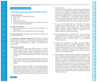 Guía de Educación Ambiental - Región Lambayeque
EDUCACIÓN SECUNDARIA
“Haciendo al agua segura para conservar la salud”
1.- Datos Generales:
Área: Ciencia,Tecnología yAmbiente
Ciclo: VI-VI
Grado: 1-5
Duración: 90 minutos.
Contexto: Se dispondrá de agua segura, equipos y materiales
para los métodos de desinfección.
2.- Capacidad yActitud:
Aplica estrategias para la disposición de agua segura en su
aula y hogar.
Muestra disposición favorable para beber agua segura.
3.- Tema Transversal: Educación para la Gestión del Riesgo y la
ConcienciaAmbiental.
4.- Calendario Ambiental Regional:“Día Mundial del Agua”/
“Día Mundial de la Salud” / “Semana de los Derechos del Niño”
/“Día Mundial de la Alimentación”. / “DIAGUA -Día Interamericano
de la Gestión Responsable del Agua”./ “Día Mundial del
Saneamiento”.
5.- Información Básica:
Del agua depende nuestra vida, higiene y salud. El 70% de
nuestro cuerpo es agua, todas las funciones de nuestro
cuerpo requieren agua, por eso tener agua segura es un
derecho fundamental de todas las personas, lo que fue
reconocido por la Asamblea General de la ONU el 28 de julio
del 2010.
ElAgua segura es limpia, transparente, incolora, inodora y sin
sabor, está libre de microbios, sustancias tóxicas, larvas de
insectos y de huevos de parásitos. Es decir es agua de
calidad.
Agua segura significa entonces, que todas las personas:
tienen acceso al agua de calidad, en la cantidad suficiente
(120 litros en condiciones normales y 20 litros en situaciones
de emergencia por desastres); continua, a costo justo y que
el agua es cuidada por todos los usuarios desde la cabecera
de cuenca hasta el momento en que la consumimos y su
disposición final.
Los estándares de calidad son establecidos por el Ministerio
de Salud en el Reglamento vigente de la Calidad del Agua
para Consumo Humano. El análisis de calidad de agua lo
realizan las autoridades de la Dirección de Salud y los
proveedores mediante planes de control específicos según el
tipo de abastecimiento: convencional (redes públicas),
cisternas, camiones y de otras formas de abastecimiento que
los proveedores brinden en la zona rural. La toma de
muestras comprende distintos puntos a lo largo de la cuenca.
Si se consume agua segura, las personas se mantienen
saludables, sin embargo el agua en malas condiciones
también transmite enfermedades como diarreas, cólera,
hepatitis, dengue, malaria, encefalitis, etc. las mismas que
causan miles de muertes, según lo reportado por la
Organización Mundial de la Salud-OMS.
En nuestro departamento contamos con cinco cuencas de
donde obtenemos agua para consumo humano y otras
actividades como la agricultura, industria, etc. : Cascajal,
Motupe, La Leche, Chancay, Zaña y la micro cuenca
Tocras-Cañariaco.
Todavía hay brechas en el acceso al agua potable y
saneamiento. Al 2007, el 678 480 lambayecanos cuentan
con agua potable en sus viviendas, mientras que 99 558
consumen agua de pozo y 53 447 aún consumen agua de río,
acequia o manantial e incluso 16 872 obtienen agua de
cisterna. Los que menos acceso tienen viven en las zonas
rurales. ¿Cómo estamos ahora?
En Lambayeque cada año se producen miles de episodios de
enfermedades diarreicas agudas (EDAs); por ejemplo de
enero a fines de mayo del año 2011 se produjeron 17 455
episodios de diarreas reportadas de las cuales el 16 756
casos son diarreas acuosas y 698 episodios de diarreas son
del tipo disentéricas. La mitad de los casos de diarreas
ocurren en niños menores de cinco años, los que son más
vulnerables pudiéndoles causar severa deshidratación y en
consecuencia la muerte. ¿Cuántos episodios de diarreas se
ha producido a la fecha en este año?. Ello está asociado al
poco acceso al agua segura, mal uso o falta de servicios
higiénicos y a la no práctica del lavado de manos con jabón en
momentos críticos.
302
 