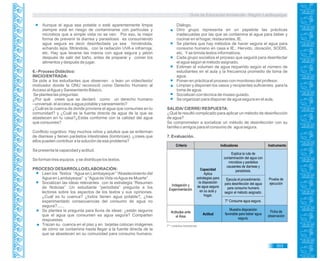 Guía de Educación Ambiental - Región Lambayeque
Aunque el agua sea potable o esté aparentemente limpia
siempre está en riesgo de contaminarse con partículas y
microbios que a simple vista no se ven. Por eso, la mejor
forma de prevenir la diarrea y parasitosis es consumiendo
agua segura es decir desinfectada ya sea hirviéndola,
echando lejía, filtrándola, con la radiación UVA e infrarroja;
etc. Hay que lavarse las manos con agua segura y jabón
después de salir del baño, antes de preparar y comer los
alimentos y después de jugar.
6.- Proceso Didáctico:
INICIO/ENTRADA:
Se pide a los estudiantes que observen o lean un vídeo/texto/
motivador donde la ONU reconoció como Derecho Humano al
Acceso alAgua y Saneamiento Básico.
Se plantea las preguntas:
¿Por qué crees que se declaró como un derecho humano
–universal- el acceso a agua potable y saneamiento?
¿Cuál es la cuenca de donde proviene el agua que consumes en tu
comunidad? y ¿Cuál es la fuente directa de agua de la que se
abastecen en tu casa?¿Estás conforme con la calidad del agua
que consumes?
Conflicto cognitivo: Hay muchos niños y adultos que se enferman
de diarreas y tienen parásitos intestinales (lombrices), ¿crees que
ellos pueden contribuir a la solución de ese problema?
Se presenta la capacidad y actitud.
Se forman tres equipos y se distribuye los textos.
PROCESO/ DESARROLLO/ELABORACIÓN:
Leen los Textos “Agua en Lambayeque” “Abastecimiento del
Agua en Lambayeque” y “Agua es Vida vsAgua es Muerte”.
Socializan las ideas relevantes con la estrategia “Resumen
de Noticias” :Un estudiante “periodista” pregunta a los
lectores sobre los aspectos de los textos y sus opiniones.
¿Cuál es tu cuenca? ¿todos tienen agua potable?, ¿has
experimentado consecuencias del consumo de agua no
segura?......
Se plantea la pregunta para lluvia de ideas: ¿están seguros
que el agua que consumen es agua segura? Comparten
respuestas.
Trazan su cuenca en el piso y en tarjetas colocan imágenes
de cómo se contamina hasta llegar a la fuente directa de la
que se abastecen en su comunidad para consumo humano.
Diálogo.
Otro grupo representa en un papelote las prácticas
inadecuadas por las que se contamina el agua para beber y
cocinar en el hogar, restaurantes, IE.
Se plantea que hay métodos de hacer segura el agua para
consumo humano en casa e IE.: Hervido, cloración, SODIS,
etc. Yse brinda textos informativos.
Cada grupo socializa el proceso que seguirá para desinfectar
el agua según el método asignado.
Estiman el volumen de agua requerido según el número de
estudiantes en el aula y la frecuencia promedio de toma de
agua.
Ponen en práctica el proceso con monitoreo del profesor.
Limpian y disponen los vasos y recipientes suficientes para la
toma de agua.
Socializan con técnica de museo guiado.
Se organizan para disponer de agua segura en el aula.
SALIDA/ CIERRE/ RESPUESTA:
¿Qué te resultó complicado para aplicar un método de desinfección
de agua?
Se comprometen a socializar un método de desinfección con su
familia o amigos para el consumo de agua segura.
7. Evaluación.
T* = práctica transversal.
303
Criterio Indicadores Instrumento
Actitud
Indagación y
Experimentación
Capacidad
Aplica
estrategias para
la disposición
de agua segura
en su aula y
hogar.
Prueba de
ejecución
Explica la ruta de
contaminación del agua con
microbios y parásitos
causantes de diarreas y
parasitosis.
Ejecuta el procedimiento
para desinfección del agua
para consumo humano
según el método asignado.
T* Consume agua segura.
Muestra disposición
favorable para beber agua
segura.
Actitudes ante
el Área
Ficha de
observación
 