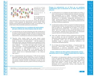 Guía de Educación Ambiental - Región Lambayeque
c o n d i c i o n e s
fisiológicas como
e n f e r m e d a d e s ,
i n f e c c i o n e s ,
e m b a r a z o o
lactancia.
En el departamento
de Lambayeque, al
2011, de cada 25
niños menores de cinco años, que podría ser un aula de educación
inicial, 4 niños padecen de desnutrición crónica infantil. Ellos
tendrán menos logros de aprendizajes en toda su escolaridad, se
enfermarán más y de adultos serán poco productivos.
Porque la malnutrición es un problema de salud pública
que para millones de niños empieza antes de nacer.
La malnutrición es uno de los factores que más contribuyen a
la carga mundial de enfermedades. Más de una tercera parte
de las muertes infantiles en todo el mundo se atribuye a la
desnutrición. La pobreza es una de sus causas principales.
“Muchos niños desde antes de nacer tienen pocas
posibilidades de un desarrollo adecuado porque sus madres
están en situación de desnutrición. En los países en
desarrollo nacen cada año alrededor de 30 millones de niños
con retraso del crecimiento a causa de su mala nutrición en el
seno materno. Los niños con bajo peso al nacer que
sobreviven tienen muchas probabilidades de sufrir retraso
del crecimiento y enfermedades durante la niñez, la
adolescencia y la vida adulta y es probable que las
mujeres adultas con retraso del crecimiento perpetúen el
círculo vicioso de la malnutrición dando a luz niños de
bajo peso” .72
En el departamento de Lambayeque, 14,6% de las mujeres
gestantes presentan déficit nutricional y corren el riesgo de
dar a luz niños con bajo peso al nacer. Por eso es importante
una buena nutrición durante el embarazo ya que es una
garantía de un bebé más sano y debe continuar a lo largo de la
vida.
Porque la malnutrición en el Perú es un problema
multifactorial, pero la educación es un factor clave para la
solución.
La malnutrición es un problema de salud pública en el Perú, y
está condicionada por múltiples factores: pobreza, inequidad,
baja escolaridad de la madre, embarazo adolescente,
prácticas inadecuadas de crianza, costumbres y estilos de
alimentación no saludable, inseguridad alimentaria en el
hogar, escaso acceso a servicios de agua, saneamiento y
salud, desnutrición materna, infecciones frecuentes del niño
por IRAs y EDAs principalmente.
La educación puede contribuir a superar los determinantes de
la desnutrición crónica. Un punto clave es la relación directa
entre el grado de escolaridad de la madre y el nivel de
desnutrición crónica infantil -DCI. En nuestro país, en el año
2010, 32,5 % de niños con DCI provino de madres sin un
nivel educativo, mientras que de las madres con educación
superior sólo el 4,2% de los niños padecieron DCI .73
Todo niño tiene derecho a opinar y participar en todo aquello
que le afecte, por eso es importante, que además de
alimentarlo adecuadamente, desarrolle, aprendizajes, desde
la educación inicial, que le permitan progresivamente
identificar, exigir y consumir alimentos nutritivos y en
condiciones sanitarias óptimas.
Si a lo largo de la Educación Básica y Superior todas las
personas desarrollan capacidades y actitudes de
alimentación y nutrición saludable, tienen mayores
posibilidades de evitar la malnutrición en sus familias.
Porque millones de niños padecen desnutrición crónica
afectando todo su ciclo de vida y el desarrollo de la región y
del país.
El hambre y la desnutrición afectan a cerca de 53 millones
(10%) de personas de América Latina y el Caribe. Casi 9
millones (16%) de niños menores de cinco años padecen
desnutrición crónica o retardo en talla (OMS. 2007.) Los
niños más pobres y de las zonas rurales son los más
afectados con la desnutrición crónica, esta situación los
vincula más a la pobreza.
72. PORTOCARRERO, G. Y. 2011. Estado nutricional de niños menores de 5 años y de gestantes que accedieron a la atención en los establecimientos de salud durante el año 2010 y primer trimestre 2011.
DIRESA Lambayeque. p.31. En línea. Consulta 20 noviembre 2011. < http://salud.regionlambayeque.gob.pe/>
INEI. 2011. Perú: Indicadores de Resultados de los Programas Estratégicos, 2010. En Línea. Consulta. 10 noviembre 2011. < http://desa.inei.gob.pe/endes/Investigaciones/Expo_Jefe_2010.pdf>73.
307
 