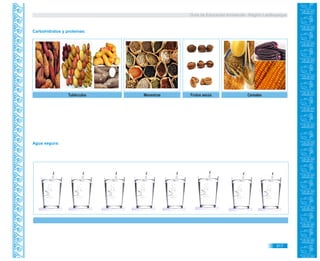 Guía de Educación Ambiental - Región Lambayeque
Tubérculos Menestras Frutos secos Cereales
Carbohidratos y proteínas:
Agua segura:
317
 