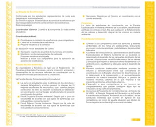 La Brigada de Ecoeficiencia.
Conformada por los estudiantes representantes de cada aula
(elegidos por sus compañeros).
Su función es apoyar el desarrollo de acciones de ecoeficiencia por
eso trabajan estrechamente con la comisión de ecoeficiencia.
Está integrada por:
Coordinador General: Cuando la IE comprende 2 o más niveles
educativos.
Coordinador de Nivel:
Coordina con la comisión de ecoeficiencia y sus compañeros.
Lidera las actividades de ecoeficiencia.
Propone iniciativas a la comisión.
Su organización y funciones se rigen por el Reglamento de
Fiscalías Ambientales Escolares para la protección ambiental y3
conservación de los recursos naturales en coordinación con la
Fiscalía Provincial Especializada de la jurisdicción.
La Fiscalía EscolarAmbiental está conformada por:
Fiscalía Escolar Ambiental.
La Junta de estudiantes para la defensa de los derechos y
deberes, la legalidad y el orden general. Lo integran los 10
mejores estudiantes de secundaria y que además tengan
condiciones de líder; su elección se realizará por el Director
en coordinación con los fiscales jurisdiccionales de acuerdo
con el cuadro de méritos.
Fiscal Provincial Escolar ambiental. Elegido por la junta de
estudiantes de acuerdo con sus logros de aprendizaje que
incluye el buen comportamiento.
Fiscal Adjunto Escolar Ambiental. Elegido por la junta de
estudiantes de acuerdo con sus logros de aprendizaje que
incluye el buen comportamiento.
Secretario. Elegido por el Director, en coordinación con el
comité ambiental.
3.FISCALÍA DE LA NACIÓN. 2008. Reglamento de Fiscalías Escolares Ambientales.
En Línea: < http://www.mpfn.gob.pe/fiscales_escolares/presentacion.php>.
Funciones:
La Junta de estudiantes en coordinación con la Fiscalía
Especializada en Materia Ambiental de su localidad, desarrollarán
políticas preventivas en sus IEs que coadyuven al fortalecimiento
de los valores y desarrollo integral de los mismos en materia
ambiental.
Fiscal Escolar Ambiental.
Orientar a sus compañeros sobre los derechos y deberes
ambientales de los niños y/o adolescentes, procurando
promover conductas positivas y saludables en la comunidad
educativa.
Coordinar de forma continua y permanente con las Fiscalías
Especializadas en Materia Ambiental de su localidad, lo
relacionado al desarrollo de las campañas de difusión de las
normas y disposiciones para el fortalecimiento de los valores
y principios que inspiran el derecho humano fundamental a un
ambiente sano, equilibrado y adecuado para el desarrollo de
la vida.
Prevenir conductas inadecuadas mediante acciones de
difusión y sensibilización entre sus compañeros en
coordinación con la Fiscalía y Comisión de Ecoeficiencia, en
lo relacionado a la conservación y el aprovechamiento
sostenible de nuestra diversidad biológica, la gestión de
nuestros recursos, además en lo que respecta a los
crecientes problemas ambientales urbanos.
Persuadir a sus compañeros a no incurrir en
comportamientos que puedan configurar algún tipo de
infracción a la ley o afecten al ambiente.
Comunicar al Presidente del ComitéAmbiental , al Director de
la UGEL , al Gerente Regional de Educación o a la Fiscalía
Especializada en Materia Ambiental de su localidad, de las
conductas indebidas que ocurran en agravio de sus
compañeros, así como de aquella situación que afecten de
forma negativa su ambiente y los recursos naturales.
Secretario: registra los acuerdos de reuniones y actividades.
Miembros: son los representantes de cada aula.
Proponen iniciativas a la brigada.
Motivan a todos sus compañeros para la aplicación de
acciones de ecoeficiencia.
En educación inicial: estudiante de 5 años.
Guía de Educación Ambiental - Región Lambayeque
31
 
