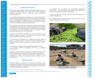 Guía de Educación Ambiental - Región Lambayeque
Los Quioscos Escolares
Deben expender refrigerios escolares saludables de acuerdo con
lo analizado anteriormente. Por ningún motivo deben expender
chatarra: golosinas, frituras, gaseosas, jugos artificiales,
hamburguesas, etc.
Las medidas sanitarias para garantizar el consumo de alimentos
saludables están establecidos en las normas vigentes ejemplo la
RM N° 155-2008-ED. Establece que un representante de los
estudiantes integra el comité de adjudicación del quiosco escolar.
Entre otras las disposiciones son las siguientes:
El quiosco escolar debe estar ubicado en un lugar accesible para
los estudiantes pero lejos de los servicios higiénicos y de cualquier
foco infeccioso. Acondicionado para la preparación y exhibición de
los alimentos. No está permitido que los quioscos exhiban
publicidad de gaseosas ni comida chatarra.
Debe estar bien limpio y ventilado y contar con fuente de agua
corriente segura (de caño o de balde con caño), nunca agua
estancada para el lavado de los servicios.
Las personas que expenden los refrigerios escolares deberán
gozar de buena salud la misma que será acreditada por el
establecimiento de salud más cercano y vestir con gorro, mandil y
guantes.
Los alimentos no deberán estar expuestos directamente al sol.
Los utensilios estarán protegidos del polvo y cualquier
contaminación.
Tendrá en consideración las medidas de ecoeficiencia por lo tanto
evitarán expender los alimentos en vasos y platos descartables.
La persona mientras manipula los alimentos: preparar, servir,
despachar; no debe tener contacto con el dinero por ser
contaminante.
El Huerto Escolar
El huerto familiar o escolar nos provee de alimentos como90
hortalizas durante todo el año. Esos alimentos serán cuidados para
protegerlos de plagas con alternativas amigables con el ambiente
y así obtener productos “orgánicos”.
Las huertas son un espacio de aprendizaje, integración,
cooperación, y de valoración de los recursos alimentarios en el
marco de la seguridad y soberanía alimentaria.
El huerto puede usar el suelo o también se pueden disponer de
cultivos hidropónicos.
Para implementar el huerto se necesita: un plan de cultivo, suelo, o
soporte hidropónico y herramientas.
cazador lunar.blogspot.com/
FUENTE:
90. FAO - ONU para la Agricultura y la Alimentación. 2009. Una Huerta para Todos. Manual Auto instructivo. Oficina Regional para América Latina y el Caribe. Santiago de Chile. p 257.
332
IE”Señor de los Milagros - Chepito Olivos”
Cortesia:Prof Kjenny Rojas Hernández
 