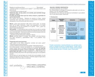 Guía de Educación Ambiental - Región Lambayeque
Repitan mi nombre por favor ……………............... “Sal yodada”
¿Quieren probar un poquito de mi sabor? - Los niños toman una
pizca de sal.
¿Les gustaría la comida sin sal? ..............................................
Todos los días le doy sabor a la comida, pero también tengo
otra gran misión:
El yodo que tengo hace que los niños crezcan y aprendan lo
que se les enseña.
Les cuento una historia. Aparece en escena un títere, mamá
cocinando pero que tiene la sal en un recipiente transparente,
destapado y muy cerca del calor de la cocina.
Mamá: ¿Qué está pasando? ¡Mis niños comen toda la comida
pero ya no están creciendo, están muy pequeños y no están
aprendiendo lo que les enseñan en el jardín! Hum, ¿Qué voy
hacer? Qué está pasando?
Sal yodada: Lo que pasa es que cocinas muy rico pero tu comida
no tiene yodo porque te olvidas de tapar el recipiente de la sal y está
muy cerca del calor. Entonces el yodo de la sal se escapa al aire de
manera invisible sin que te des cuenta.
-¿Quieren que les pase igual a ustedes? Noooo………..
Mamá: prometo seguir tu consejo “Sal yodada” y en poco tiempo
sus hijos crecieron y aprendieron más. Y se pusieron muy
contentos.
Preguntas para asociaciones:
¿qué pasa si los niños consumen comida con poco yodo?
¿Para qué sirve el yodo de la sal?
¿Cómo cuidamos el yodo de la sal yodada? Retroalimentación.
Los niños ayudan a vaciar sal yodada en un recipiente adecuado
(opaco, limpio, seco y con tapa) y le pegan el mensaje: El yodo de
la sal yodada me ayuda a crecer y aprender, tapa bien la sal y
ponla lejos del calor. Se deja a propósito a un lado la tapa y se
felicita la actitud del primer niño que la tapa para que no se sublime
el yodo.
Se les pide unir qué se logra con el yodo de la sal yodada, en una
tarjeta con figuras en dos columnas: o también pegar la figura de la
sal al lado de los niños altos y contentos:
niños tristes y pequeños;
niños altos y contentos.
sal yodada
SALIDA/ CIERRE/ RESPUESTA:
¿Te gustó aprender con el títere?
Se comprometen a entregar el recipiente adecuado con sal a su
mamá y con los mensajes claves.
Se felicitará a los niños por los logros al contrastar lo que sabían
con lo que ahora saben relacionar.
7. Evaluación:
Pueden sorprender a mamá probando si su sal tiene yodo:
poner un poquito de sal en un papel blanco, echan unas 3-
4 gotas de limón a la muestra de sal, frotan contra el papel
y si se colorea de azul o morado; ¡yupi! ¡Tiene yodo!
T* = práctica transversal.
339
Criterio
Capacidad y
Actitud
Indicadores Instrumento
Actitud
Mundo
físico y
Conservación
de la Salud
Capacidad
Relaciona el
consumo de sal
yodada con
crecimiento
adecuado y
aprendizaje.
Lista de
chequeo
Lista de
chequeo
Menciona donde se
encuentra el yodo:
en la sal yodada.
Asocia consumo de sal
yodada con crecimiento y
aprendizaje de los niños.
T* Consume sal yodada
bien conservada.
Toma la iniciativa para el
cuidado de la sal yodada.
 