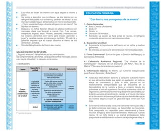 Guía de Educación Ambiental - Región Lambayeque
Los niños se lavan las manos con agua segura a chorro y
jabón.
Se invita a descubrir sus loncheras, se les felicita por su
refrigerio saludable rico en hierro y también se felicita a sus
mamás/cuidadoras por alimentarlos con hierro biodisponible.
¿Cómo se sienten luego de este refrigerio rico en hierro? Se
cepillan los dientes.
Después, los niños decoran dibujos de platos nutritivos con
mensajes clave que llevarán a mamá: Ejm. “Las carnes,
sangrecita, hígado, bazo, riñones, pescado y mariscos son
los mejores alimentos con hierro para crecer, aprender y
jugar” y para las mamás embarazadas también. “El café, té y
gaseosa impiden que el cuerpo absorba el hierro de los
alimentos”, evítalos.
Simulan la explicación del hierro a su mamá.
SALIDA/ CIERRE/ RESPUESTA:
¿Te gustó analizar? Se les felicita por su participación.
Se comprometerá a los niños para que lleven los mensajes claves
a su mamá /abuelita/ y lo pegarán en la cocina.
7. Evaluación.
T* = práctica transversal.
"Con hierro nos protegemos de la anemia”
1.- Datos Generales:
Área: Ciencia yAmbiente.
Ciclo: IV.
Grado: 4.
Duración: 90 minutos.
Contexto: La sesión se hará antes de recreo. El refrigerio
contendrá alimentos con hierro biodisponible.
2.- Capacidad yActitud:
Argumenta la importancia del hierro en los niños y madres
gestantes.
Se interesa por consumir alimentos con hierro biodisponible.
3.- Tema Transversal: Educación para la Gestión del Riesgo y la
ConcienciaAmbiental.
4.- Calendario Ambiental Regional: “Día Mundial de la
Alimentación” “Semana de los Derechos del Niño”, “Día de la
Madre” / “Semana de la lactancia materna”
5.- Información Básica: “El Hierro, un nutriente Indispensable
para Crecer,Aprender y Estar Sano”.
Todos los niños tienen derecho a consumir suficiente hierro
en sus alimentos desde que están en gestación, en toda su
etapa de crecimiento y toda la vida, porque es un
micronutriente indispensable que se encuentra en la
hemoglobina de la sangre y lleva el oxígeno desde los
pulmones a todo el organismo, lleva los nutrientes a todo el
organismo, permite el crecimiento y desarrollo del cerebro por
lo tanto aumenta el rendimiento escolar y el hierro interviene
en la formación de nuevos glóbulos rojos en la médula roja de
los huesos largos ya que los glóbulos rojos viven sólo 120
días.
Si la mamá embarazada consume suficiente hierro para ella y
su bebé entonces éste crece, se desarrollan las neuronas.
Está asegurada su capacidad para relacionarse y hacer
muchos amigos y tener buen rendimiento intelectual cuando
nazca. Si un niño tiene a su mamá embarazada debe
preguntarle si está tomando su hierro para protegerse ella y a
345
EDUCACIÓN PRIMARIA
Criterio
Capacidad y
Actitud
Indicadores Instrumento
Actitud
Cuerpo
Humano y
conservación
de la Salud
Capacidad
Relaciona el
consumo de
alimentos ricos
en hierro
biodisponible
y la protección
contra la
anemia.
Lista de
chequeo
Lista de
chequeo
Nombra alimentos/comidas de
su comunidad que contienen
hierro biodisponible.
Explica dos razones por las
que los niños deben consumir
alimentos ricos en hierro
biodisponible.
Selecciona características de
los niños con anemia por
escaso hierro en su
alimentación.
T* Consume alimentos ricos
en hierro biodisponible.
Se interesa por consumir todos
sus alimentos que le aportan
hierro biodisponible
 