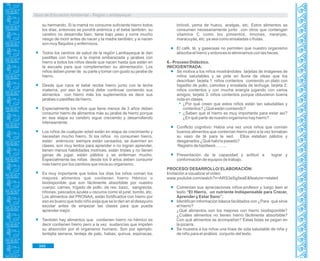 Guía de Educación Ambiental - Región Lambayeque
su hermanito. Si la mamá no consume suficiente hierro todos
los días, entonces se pondrá anémica y el bebé también, su
cerebro no desarrolla bien, tiene bajo peso y corre mucho
riesgo de morir antes de nacer y la madre también; y si nacen
son muy flaquitos y enfermizos.
Todos los centros de salud de la región Lambayeque le dan
pastillas con hierro a la mamá embarazada y jarabes con
hierro a todos los niños desde que nacen hasta que están en
la escuela para que complementen su alimentación. Los
niños deben poner de su parte y tomar con gusto su jarabe de
hierro.
Desde que nace el bebé recibe hierro junto con la leche
materna, por eso la mamá debe continuar comiendo sus
alimentos con hierro más los suplementos es decir sus
jarabes o pastillas de hierro.
Especialmente los niños que tiene menos de 3 años deben
consumir hierro de alimentos más su jarabe de hierro porque
en esa etapa su cerebro sigue creciendo y desarrollando
intensamente.
Los niños de cualquier edad están en etapa de crecimiento y
necesitan mucho hierro. Si los niños no consumen hierro,
están anémicos: siempre están cansados, se duermen en
clases, son muy lentos para aprender o no logran aprender,
tienen menos habilidades motrices, están tristes y no tienen
ganas de jugar, están pálidos y se enferman mucho.
Especialmente las niñas desde los 9 años deben consumir
más hierro por los cambios que inicia su organismo.
Es muy importante que todos los días los niños coman los
mejores alimentos que contienen hierro Hémico o
biodisponible que son fácilmente absorbible por nuestro
cuerpo: carnes, hígado de pollo, de res, bazo, sangrecita,
riñones, pescados azules u oscuros como el jurel, bonito, etc.
Los alimentos del PRONAA, están fortificados con hierro por
eso es bueno que todo niño exija que se lo den en el desayuno
escolar antes de empezar las clases para que pueda
aprender mejor.
También hay alimentos que contienen hierro no hémico es
decir contienen hierro pero a la vez sustancias que impiden
su absorción por el organismo humano. Son por ejemplo:
lentejita serrana, lenteja de palo, habas, quinua, espinacas,
brócoli, yema de huevo, acelgas, etc. Estos alimentos se
consumen necesariamente junto con otros que contengan
vitamina C como los pimientos, limones, naranjas,
maracuyás, etc. ya sea como ensaladas o frutas.
El café, té, y gaseosas no permiten que nuestro organismo
absorba el hierro y entonces lo eliminamos con las heces.
6.- Proceso Didáctico.
INICIO/ENTRADA:
Se motiva a los niños mostrándoles tarjetas de imágenes de
niños saludables y se pide en lluvia de ideas que los
describan: tarjeta 1: niños contentos comiendo un plato con
higadito de pollo, camotes y ensalada de lechuga; tarjeta 2:
niños contentos y con mucha energía jugando con varios
amigos; tarjeta 3: niños contentos porque obtuvieron buena
nota en clases.
¿Por qué creen que estos niños están tan saludables y
contentos? ¿Qué están comiendo?
¿Saben qué el hierro es muy importante para estar así?
¿En qué parte de nuestro organismo hay hierro?
Conflicto cognitivo: Había una vez unos niños que comían
buenos alimentos que contenían hierro pero a la vez tomaban
su vaso de té para la sed. Ellos estaban pálidos y
desganados ¿Qué habría pasado?
Registro de hipótesis……..
Presentación de la capacidad y actitud a lograr y
conformación de equipos de trabajo.
PROCESO/ DESARROLLO/ ELABORACIÓN:
Invitación a visualizar el vídeo:
www.youtube.com/watch?v=ARS3eSg5eaE&feature=related
Comentan sus apreciaciones niños-profesor y luego leen el
texto “El Hierro, un nutriente Indispensable para Crecer,
Aprender y Estar Sano”.
Identifican información básica facilitados con ¿Para qué sirve
el hierro?
¿Qué alimentos son los mejores con hierro biodisponible?
¿Cuáles alimentos no tienen hierro fácilmente absorbible?
Con qué alimentos se acompañan? Estas listas se pegan en
la pizarra.
Se muestra a los niños una línea de vida saludable de niña y
de niño para el análisis conjunto del texto.
346
 