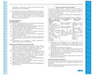 Guía de Educación Ambiental - Región Lambayeque
monitorean el adecuado consumo de hierro de la mujer
gestante para un parto saludable.
Si la gestante no consume suficiente hierro todos los días,
entonces se pondrá anémica y el bebé también, su cerebro no
desarrolla bien, tiene bajo peso y corre mucho riesgo de morir
antes de nacer y la madre también; y si nacen tienen bajo
peso y con baja inmunidad por lo que se enferman
frecuentemente con infecciones.
6.- Proceso Didáctico:
INICIO/ENTRADA:
Invitación a los estudiantes a conversar de un asunto que le
pasa a la mitad de estudiantes peruanos:
La anemia por falta de hierro en la alimentación. ¿Alguna vez
han analizado este problema de salud pública?
¿Qué es la anemia? ¿Han padecido de anemia alguna vez?
¿Cómo lo supiste? ¿Cómo te curaste?
¿Quiénes están más expuestos a la anemia durante la
adolescencia, mujeres o varones? Por qué?
¿Cuáles son los alimentos más ricos en hierro? Registro de
saberes de los estudiantes.
Pregunta conflicto: ¿Es saludable que con el almuerzo por
ejemplo de cabrito con arroz y zarza se consuma un té?¿ Por
qué?
Presentación de la capacidad y actitud esperadas y
distribución de los textos informativos.
PROCESO/ DESARROLLO/ ELABORACIÓN:
Invitación a los estudiantes a visualizar el vídeo sobre el
hierro para evitar la anemia en el siguiente enlace u otro
similar http://www.youtube.com/watch?v=WfJYcIxceDU
Relacionan lo visto con lo dialogado anteriormente.
Los estudiantes leen seleccionando información relevante
acerca del Hierro en los textos: “El Crecimiento en la
Adolescencia demanda Calcio, Hierro, Zinc, Yodo”, “El Hierro
durante la Mielinización y Conducción a nivel Cerebral”.
“Metabolismo del Hierro”,“Anemia ferropénica”.
El primer texto es de lectura general; y las demás lecturas se
distribuyen distintamente por equipos.
Los estudiantes plantean preguntas sobre los textos al
profesor y se brinda explicaciones.
Planteamiento de preguntas facilitadoras de desagregación
de la información:
Preguntas generales para todos los equipos.
¿Por qué es importante el Hierro? ¿Cuáles son los niveles normales de
hemoglobina en los adolescentes mujeres y varones? ¿Cuáles son los alimentos
de mayor biodisponibilidad de hierro para el organismo? Uso de tabla de
composición de alimentos-CENAM.
Cinco ejemplos de comidas típicas de Lambayeque que contengan alimentos con
hierro biodisponible o hémico.
¿Cuáles son las etapas o estados de mayor demanda de hierro en el organismo?
Equipo 1: —El Hierro
durante la Mielinización y
Conducción a nivel
Cerebral”
¿Qué es la mielina?
¿Cuál es el rol del hierro en
la mielinización de las
neuronas y conducción de
la información?
¿Por qué es tan importante
el consumo de hierro
durante los 2 primeros
años de edad?
¿Qué caracteriza a los
niños con deficiencia de
hierro, en cuanto al
aprendizaje y
socialización?
Equipo 2: —Metabolismo
del Hierro”.
¿Cómo se absorbe el
hierro en el organismo?
¿Cómo se distribuye el
hierro en el organismo?
¿Cuáles son los
inhibidores y por qué
impiden la absorción del
hierro no hémico?¿Qué
alternativas hay?
Equipo 3: —Anemia
ferropénica”.
¿Quiénes son más
vulnerables a la anemia
ferropénica? ¿.Por
qué?
¿Cómo se supera la
anemia ferropénica?
¿Qué alimentos
fortificados con hierro
disponemos en nuestro
medio?
¿Por qué es un riesgo
para la mujer el
embarazo
adolescente?
Elaboración de diagramas u otro organizador de la
información para la interrelación de ideas claves de las
funciones del hierro y la alimentación saludable para prevenir
la anemia.
Socialización explicando sus diagramas.
Se precisa que en nuestro departamento al 2009 32,2% de
niños menores de 3 años padece anemia y 13,5% de
gestantes también. Y se anima a compartir sus saberes para
reducir este problema de salud pública.
Registro de conclusiones.
Elaboración de sus mensajes claves para el consumo de
hierro a fin de socializarlos.
SALIDA/ CIERRE/ RESPUESTA:
¿Qué facilitó o dificultó tu análisis sobre el hierro?¿Qué costumbres
alimentarias sobre el hierro vas a cambiar de acuerdo con lo
aprendido?
Se comprometen a socializar los mensajes claves del hierro, con su
mamá y compañeros menores.
349
 