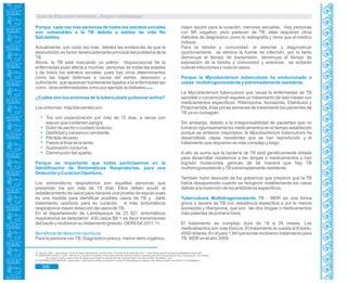 Guía de Educación Ambiental - Región Lambayeque
Porque cada vez más personas de todos los estratos sociales
son vulnerables a la TB debido a estilos de vida No
Saludables.
Actualmente, son cada vez más débiles las evidencias de que la
desnutrición es factor desencadenante principal del problema de la
TB.
Ahora, la TB está marcando un patrón biopsicosocial de la
enfermedad pues afecta a muchas personas de todas las edades
y de todos los estratos sociales, pues hay otros determinantes
como las bajas defensas a causa del estrés, depresión y
sufrimiento que aparecen fuertemente ligados a la enfermedad así
como otras enfermedades como por ejemplo la diabetes .94, 95
¿Cuáles son los síntomas de la tuberculosis pulmonar activa?
Los síntomas más frecuentes son:
Tos con expectoración por más de 15 días, a veces con
esputo que contienen sangre.
Dolor de pecho o costado torácico.
Debilidad y cansancio constante.
Pérdida de peso.
Fiebre al final de la tarde.
Sudoración nocturna.
Disminución del apetito.
Porque es importante que todos participemos en la
Identificación de Sintomáticos Respiratorios, para una
Detección y Curación Oportuna.
Los sintomáticos respiratorios son aquellas personas que
presentan tos por más de 15 días. Ellos deben acudir al
establecimiento de salud para hacerse una prueba de esputo pues
es una medida para identificar posibles casos de TB y darle
tratamiento oportuno para su curación. A más sintomáticos
respiratorios mayor detección de casos deTB.
En el departamento de Lambayeque de 23 821 sintomáticos
respiratorios se detectaron 430 casos BK + es decir transmisores
del bacilo y recibieron su tratamiento gratuito. GERESA:2011.11.
Beneficios de detección oportuna.
Para la persona con TB: Diagnóstico precoz, menor daño orgánico,
mejor opción para la curación, menores secuelas. Hay personas
con BK negativo, pero padecen de TB, ellas requieren otros
métodos de diagnóstico como la radiografía y otros que el médico
indique.
Para la familia y comunidad: al detectar y diagnosticar
oportunamente se elimina la fuente de infección, por lo tanto
disminuye el tiempo de transmisión, disminuye el tiempo de
exposición de la familia y comunidad y entonces se evitarán
nuevas infecciones y nuevos casos.
Porque la Mycobacterium tuberculosis ha evolucionado a
cepas multidrogoresistente y extremadamente resistente.
La Mycobacterium tuberculosis que causa la enfermedad de TB
sensible o convencional requiere un tratamiento de seis meses con
medicamentos específicos: Rifampicina, Isoniazida, Etambutol y
Pirazinamida.Alas pocas semanas de tratamiento los pacientes de
TB ya no contagian.
Sin embargo, debido a la irresponsabilidad de pacientes que no
tomaron rigurosamente los medicamentos en el tiempo establecido
porque se sintieron mejorados, la Mycobacterium tuberculosis ha
desarrollado cepas resistentes que se han reproducido y el
tratamiento que requieren es más complejo y largo.
A ello se suma que la bacteria de TB está genéticamente dotada
para desarrollar resistencia a las drogas o medicamentos y han
logrado mutaciones génicas de tal manera que hay TB
multidrogoresistente yTB extremadamente resistente.
También hubo descuido de los gobiernos que creyeron que la TB
había desaparecido cuando se redujeron notablemente los casos
debido a la invención de los antibióticos específicos.
Tuberculosis Multidrogoresistente TB - MDR es una forma
grave o severa de TB con resistencia específica a por lo menos
isoniazida y rifampicina, que son las dos drogas o medicamentos
más potentes de primera línea.
El tratamiento es complejo dura de 18 a 24 meses. Los
medicamentos son más tóxicos. El tratamiento le cuesta al Estado,
4000 dólares. En el país 1,841personas recibieron tratamiento para
TB MDR en el año 2009.
93. SALINT. 2007. Tuberculosis. Curso de Salud Internacional. pp 8.En línea. Consulta 30 de setiembre 2011. < http://www.unavarra.es/genmic/salint/tuberculosis.pdf>
BARRIGA ACOSTA, P. 2010. Informe de Consultoría “Elaborar el documento técnico Nacional sobre contenidos educativos de prevención de la Tuberculosis, con enfoque94.
de inclusión social y lucha contra el estigma para todos los estudiantes del nivel secundario del país de EBR, aprobados.” pp 5.
NATIONAL GEOGRAPHIC. Tuberculosis. <http://www.youtube.com/watch?v=omAcSiYmNcw&feature=related y http://www.youtube.com/watch?v=Cm45eyltwzo>95.
356
 