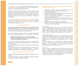 Guía de Educación Ambiental - Región Lambayeque
9.- Identificar recursos, es necesario analizar loa recursos con los
que contamos para implementar las acciones de prevención y
mitigación, nos planteamos éstas preguntas:
Qué tenemos? Qué nos falta? Cómo lo conseguimos? Con qué
recursos contamos para responder ante un desastre? Qué
tenemos y qué necesitamos para reducir los riesgos y evitar un
desastre? Tener en cuenta que los principales recursos que
tenemos son los humanos tanto para la prevención, mitigación y
contingencia.
10.- Diseñar el Plan de Contingencia o emergencia, nos sirve
para saber anticipadamente cómo actuar en caso de que se
produzca un desastre, las acciones que aquí se plantean
corresponden a la gestión reactiva.
Plan de Contingencia
El Plan de Contingencia o Emergencia, como parte del plan de
gestión del riesgo nos sirve para saber anticipadamente cómo
actuar en caso de que se produzca un desastre, las acciones que
aquí se plantean corresponden a la gestión reactiva.
El Plan de Contingencia es el conjunto de acciones planificadas
ante una amenaza específica y que ejecutará la IE para:
Salvar vidas en caso de ocurrir un evento adverso.
Restituir inmediatamente el servicio educativo luego de
ocurrida la emergencia o desastre.
La ejecución del plan de contingencia es desde el momento de la
alerta hasta el cumplimiento de operaciones de restitución del
servicio educativo.
Las acciones del PdC se validan a través de las simulaciones y
simulacros.
El PdC es elaborado de modo participativo por la Comisión de
Gestión del Riesgo, la comunidad educativa y equipos
comprometidos en la gestión del riesgo de la comunidad local.
¿Quién elabora el Plan de Contingencia?
Comisión de Gestión del Riesgo de la Institución Educativa, quien
lo lidera.
Comunidad educativa: docentes, estudiantes, padres de familia,
personal administrativo, personal de servicio.
Funciones básicas de la Comisión de Gestión del Riesgo en
momentos de emergencia:
Establecer, instalar y poner en operación el centro de
operaciones de emergencia de la institución COE.
Coordinar la ejecución.
Recibir información detallada de los diversos problemas que
se presentan en la institución educativa.
Tomar las decisiones pertinentes para solventar las
situaciones que se presentan.
Establecer comunicación con la plataforma de Defensa Civil
de la localidad e instituciones u organismos de socorro
locales.
Dar seguimiento a cada situación por solucionar.
Evaluar el proceso de manejo de la situación (ejecución de
simulacros u otros mecanismos).
Equipamiento
Las brigadas formadas deben contar con los insumos requeridos
para su identificación y para brindar ayuda en casos de
emergencias. Este equipo mínimo está conformado por: linternas,
sogas, cascos, radios, linternas, camillas, botiquín de primeros
auxilios, cuadernos, lapiceros, fichas de evaluación, entre otros.
Sistemas de alarma
La institución educativa debe contar con instrumentos entre otros
mecanismos de alarma manual que se activen en situaciones de
peligro, de tal manera que la comunidad educativa pueda
organizarse para responder adecuadamente ante un evento
adverso.
Si bien IE puede tener su propio sistema de alarma es también
posible / deseable que forme parte de un sistema de alerta
temprana de la comunidad, el cual integre a las demás
organizaciones e instituciones de la zona.
Señalética
Existen normas mundiales en tanto color, tamaño y forma de los
avisos y señales que deben estar visibles en toda institución
educativa, identificando las rutas de evacuación y salida como
también identificando las zonas seguras en casos de sismo,
inundación, tsunamis. Estos códigos deben ser entendidos y
manejados por toda la comunidad educativa.
370
 