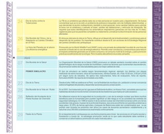 24 Día de lucha contra la
Tuberculosis
La TB es un problema que afecta cada vez a más personas en nuestro país y departamento. Se busca
concientizar que ya no es sólo un problema de pobreza e inequidad, sino de múltiples determinantes y
que demandan la acción multisectorial y también a nivel personal, como cambiar hábitos para cubrirse
la boca con el antebrazo o pañuelo al toser; ventilar las habitaciones y vehículos de transporte. Se
requiere que todos identifiquemos los sintomáticos respiratorios (personas con tos más de 15 días);
vigilancia para que los pacientes completen su tratamiento y erradicar la discriminación de las personas
afectadas.
26 Día Mundial del Clima y de la
Adaptación al Cambio Climático
en el Perú
El clima es vital para la vida en la Tierra, influye en el desarrollo de la biodiversidad y condiciones para el
desarrollo de los pueblos. Es importante contribuir desde la IE con acciones de la Estrategia Regional
de Cambio Climático de Lambayeque.
Ult.
Sábado
La Hora del Planeta por el ahorro
y la eficiencia energética
Promovido por la World Wildlife Fund (WWF) como una jornada de solidaridad mundial de una hora de
duración a través del no uso de energía eléctrica. Permite crear conciencia y compromisos para reducir
el impacto ambiental generado por el sobre consumo o el consumo inútil de la energía, y para promover
prácticas ecoeficientes de la energía. Perú muestra alta adherencia a esta campaña.
Abril
07 Día Mundial de la Salud La Organización Mundial de la Salud (OMS) promueve un debate sanitario mundial sobre el cambio
epidemiológico de la carga mundial de morbilidad y sobre los factores que incrementan esa tendencia.
Se promueven estilos de vida saludables para una mejor calidad de vida.
PRIMER SIMULACRO El tipo de simulacro se realiza según fenomenología regional, ejemplo: los distritos con playas
realizarán de sismo tsunami, otros de inundaciones, vientos fuertes, etc.Alas 10:00 am, 3:00 pm y 8:00
pm según turno de estudios. Se aplica tres instrumentos: ficha de evaluación, ficha de reporte,
formulario EDAN. Se reporta de inmediato a la UGEL.
22 Día de la Tierra. Desde el año 1990 se celebra en el Perú con la finalidad de movilizar a la población a tomar conciencia
sobre la fragilidad del planeta y desarrollar acciones para la conservación.
25 Día Mundial de la Vida sin Ruido En el 2001, fue instaurado por la Liga para el DeficienteAuditivo, en Nueva York, concebido para que los
habitantes de todo el mundo tomen conciencia de los trastornos que implica el ruido excesivo.
26 Reflexión del Accidente de la
Planta Nuclear de Chernóbil
Se reflexiona acerca de la seguridad en la producción y uso de la energía nuclear que tiene muchos
beneficios para la humanidad pero pueden significar un alto riesgo si no se considera las medidas de
seguridad radiológica. En 1986 el reactor 4 de la central nuclear de Chernóbil (Ucrania) sufrió uno de los
accidentes más graves.Apesar de la profunda limpieza, esa zona se enfrenta con grandes problemas a
largo plazo. El 20% de tierras agrícolas y bosques de Bielorrusia están tan contaminados que no se
podrán usar durante los próximos cien años.Los casos de leucemia aumentaron notablemente y la
salud de unos 350 000 ucranianos es examinada continuamente.
29 Fiesta de la Planta En el departamento Lambayeque es una fecha propicia para iniciar las acciones en el huerto escolar y
forestación a través de la estrategia promoción verde en la que cada estudiante debe sembrar y
conservar un árbol hasta su promoción en cada nivel educativo.
Guía de Educación Ambiental - Región Lambayeque
39
 