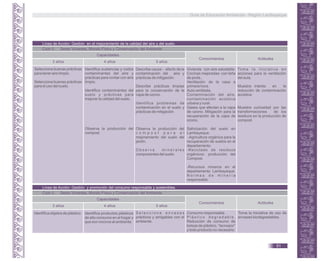 Línea de Acción: Gestión en el mejoramiento de la calidad del aire y del suelo.
Ciclo II. Seres Vivientes, Mundo Físico y Conservación del Ambiente
Capacidades
3 años 4 años 5 años
Conocimientos Actitudes
Selecciona buenas prácticas
para tener aire limpio.
Selecciona buenas prácticas
para el uso del suelo.
Identifica sustancias y ruidos
contaminantes del aire y
prácticas para contar con aire
limpio.
Identifica contaminantes del
suelo y prácticas para
mejorar la calidad del suelo.
Observa la producción del
compost.
Describe causa - efecto de la
contaminación del aire y
prácticas de mitigación.
Describe prácticas limpias
para la conservación de la
capa de ozono.
Identifica problemas de
contaminación en el suelo y
prácticas de mitigación.
Observa la producción del
c o m p o s t p a r a e l
mejoramiento del suelo del
jardín.
O b s e r v a m i n e r a l e s
componentes del suelo.
Vivienda con aire saludable:
Cocinas mejoradas- con leña
de poda.,
Ventilación de la casa a
primera hora.
Aula ventilada.
Contaminación del aire,
contaminación acústica
urbana y rural.
Gases que afectan a la capa
de ozono. Mitigación para la
recuperación de la capa de
ozono.
Salinización del suelo en
Lambayeque.
-Agricultura orgánica para la
recuperación de suelos en el
departamento.
-Reciclado de residuos
orgánicos: producción del
Compost.
-Recursos mineros en el
departamento Lambayeque.
N o r m a s d e m i n e r í a
responsable.
Toma la iniciativa en
acciones para la ventilación
del aula.
Muestra interés en la
reducción de contaminación
acústica.
Muestra curiosidad por las
transformaciones de los
residuos en la producción de
compost.
Línea de Acción: Gestión y promoción del consumo responsable y sostenibles.
Ciclo II. Seres Vivientes, Mundo Físico y Conservación del Ambiente
Capacidades
3 años 4 años 5 años
Conocimientos Actitudes
Identifica objetos de plástico. Identifica productos plásticos
de alto consumo en el hogar y
que son nocivos al ambiente.
S e l e c c i o n a e n v a s e s
prácticos y amigables con el
ambiente.
Consumo responsable.
P l á s t i c o d e g r a d a b l e .
Reducción de consumo de
bolsas de plástico, “tecnopor”
y todo producto no necesario.
Toma la iniciativa de uso de
envases biodegradables.
Guía de Educación Ambiental - Región Lambayeque
51
 