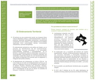 Gestión y Promoción
del Ordenamiento
Territorial.
La comunidad educativa debe reconocer in situ su territorio, recursos, potencialidades y
vulnerabilidades en el contexto del entorno local y regional, nacional y global.
El territorio escolar debe estar organizado de la mejor manera para facilitar el aprendizaje,
el esparcimiento, la higiene y asegurar una buena calidad de sus recursos naturales para
desarrollar la vida de estudiantes y profesores de manera sostenible, segura y agradable.
Debe asignar también áreas verdes, de juegos, de higiene, de acopio de residuos sólidos,
composteras, micro relleno sanitario escolar, zonas para evacuación ante emergencias.
Cada cosa debe estar en su lugar. De igual modo en la casa.
Debe contar con señalética de los distintos sectores, también de zonas seguras, zonas
peligrosas y mapas de rutas de evacuación ante amenazas específicas: inundaciones,
deslizamientos, sismos, vientos fuertes, etc.
El Ordenamiento Territorial
El territorio es una construcción social, es el espacio físico
natural delimitado política y administrativamente, donde se
practican diferentes actividades productivas y económicas
comprende la zona urbana y rural, además de los ámbitos
especiales como comunidades nativas, comunidades
campesinas, cuencas hidrográficas.
El ordenamiento territorial es una política de Estado, es un
proceso de identificación de las características,
biodiversidad, recursos renovables y no renovables,
potencialidades, problemas y vulnerabilidades de un
territorio, considerando criterios ambientales, económicos y
socioculturales para planificar su ocupación ordenada, uso
sostenible y desarrollo integral. Es una herramienta técnica
que facilita el desarrollo de acciones para la adaptación y
mitigación del cambio climático.
El departamento de Lambayeque, se ubica a 765 km de
Lima, limita por el norte con el departamento de Piura por el
este con Cajamarca, por el sur La Libertad y por el oeste con
el Océano Pacífico. Presenta tres provincias: Chiclayo,
Lambayeque y Ferreñafe; con 38 distritos. Comprende 4 de
las 11 ecorregiones en las que se ubican 12 unidades de
bosques, 5 cuencas y 1 microcuenca.
Por qué debemos ordenar nuestro territorio?
Porque tenemos variedad de recursos, pero también uso y
ocupación inadecuada del territorio.
Lambayeque presenta una gran
biodiversidad de flora y fauna
t e r r e s t r e , r e c u r s o s
hidrobiológicos; ríos, potencial
turístico, recursos mineros,
diversidad cultural etc; que
debemos aprovechar, conservar y
desarrollar de manera sostenible.
Pero una gran limitante es el
deterioro y contaminación tanto en
el territorio continental como en los
ríos y zona marino costera.
El inadecuado uso y ocupación del territorio de nuestro
departamento, aunado al aprovechamiento inadecuado de
los recursos naturales y diversidad biológica y
desconocimiento del proceso de planificación territorial ha
generado desorden territorial, situaciones de riesgo para la
vida humana, para la conservación de los recursos y
provocan conflictos socioambientales como lo sucedido en el
Santuario Histórico Bosque de Pómac en el 2009 y en otros5
sectores.
No ha existido una planificación territorial para una gestión
integral.
Al 2011 sólo 5 distritos de los 38, están delimitados de
acuerdo con la ley y está en proceso la conciliación de límites.
http://ot.regionlambayeque.gob.pe/
Guía de Educación Ambiental - Región Lambayeque
86
 