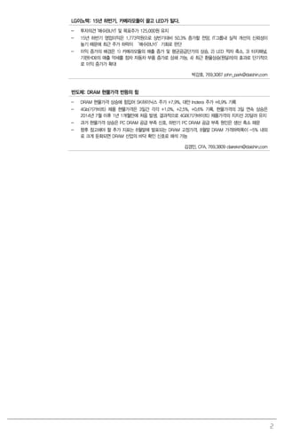 2
LG이노텍: 15년 하반기, 카메라모듈이 끌고 LED가 밀다.
- 투자의견 '매수(BUY)' 및 목표주가 125,000원 유지
- 15년 하반기 영업이익은 1,773억원으로 상반기대비 50.3% 증가할 전망, IT그룹내 실적 개선의 신뢰성이
높기 때문에 최근 주가 하락이 ‘매수(BUY)’기회로 판단
- 이익 증가의 배경은 1) 카메라모듈의 매출 증가 및 평균공급단가의 상승, 2) LED 적자 축소, 3) 터치패널,
기판(HDI)의 매출 약세를 점차 자동차 부품 증가로 상쇄 가능, 4) 최근 환율상승(원달러)의 효과로 단기적으
로 이익 증가가 확대
박강호. 769.3087 john_park@daishin.com
반도체: DRAM 현물가격 반등의 힘
- DRAM 현물가격 상승에 힘입어 SK하이닉스 주가 +7.9%, 대만 Inotera 주가 +6.9% 기록
- 4Gb(기가비트) 제품 현물가격은 3일간 각각 +1.0%, +2.5%, +0.6% 기록. 현물가격의 3일 연속 상승은
2014년 7월 이후 1년 1개월만에 처음 발생. 결과적으로 4GB(기가바이트) 제품가격의 지지선 20달러 유지
- 과거 현물가격 상승은 PC DRAM 공급 부족 신호. 하반기 PC DRAM 공급 부족 원인은 생산 축소 때문
- 향후 참고해야 할 추가 지표는 8월말에 발표되는 DRAM 고정가격. 8월말 DRAM 가격하락폭이 -5% 내외
로 크게 둔화되면 DRAM 산업의 바닥 확인 신호로 해석 가능
김경민, CFA. 769.3809 clairekim@daishin.com
 