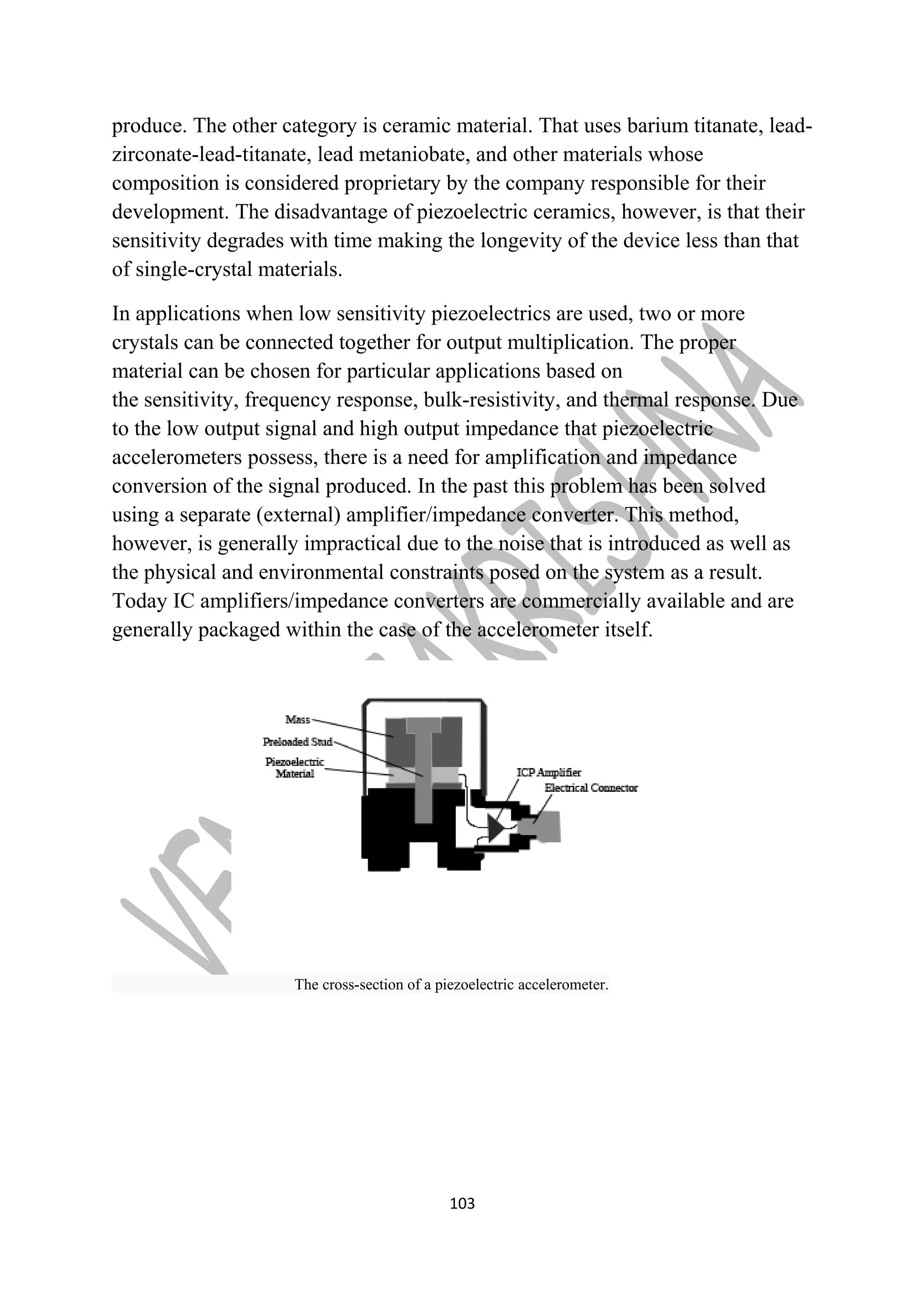 produce. The other category is ceramic material. That uses barium titanate, lead-zirconate- 
lead-titanate, lead metaniobate, and other materials whose 
composition is considered proprietary by the company responsible for their 
development. The disadvantage of piezoelectric ceramics, however, is that their 
sensitivity degrades with time making the longevity of the device less than that 
of single-crystal materials. 
In applications when low sensitivity piezoelectrics are used, two or more 
crystals can be connected together for output multiplication. The proper 
material can be chosen for particular applications based on 
the sensitivity, frequency response, bulk-resistivity, and thermal response. Due 
to the low output signal and high output impedance that piezoelectric 
accelerometers possess, there is a need for amplification and impedance 
conversion of the signal produced. In the past this problem has been solved 
using a separate (external) amplifier/impedance converter. This method, 
however, is generally impractical due to the noise that is introduced as well as 
the physical and environmental constraints posed on the system as a result. 
Today IC amplifiers/impedance converters are commercially available and are 
generally packaged within the case of the accelerometer itself. 
The cross-section of a piezoelectric accelerometer. 
103 
 