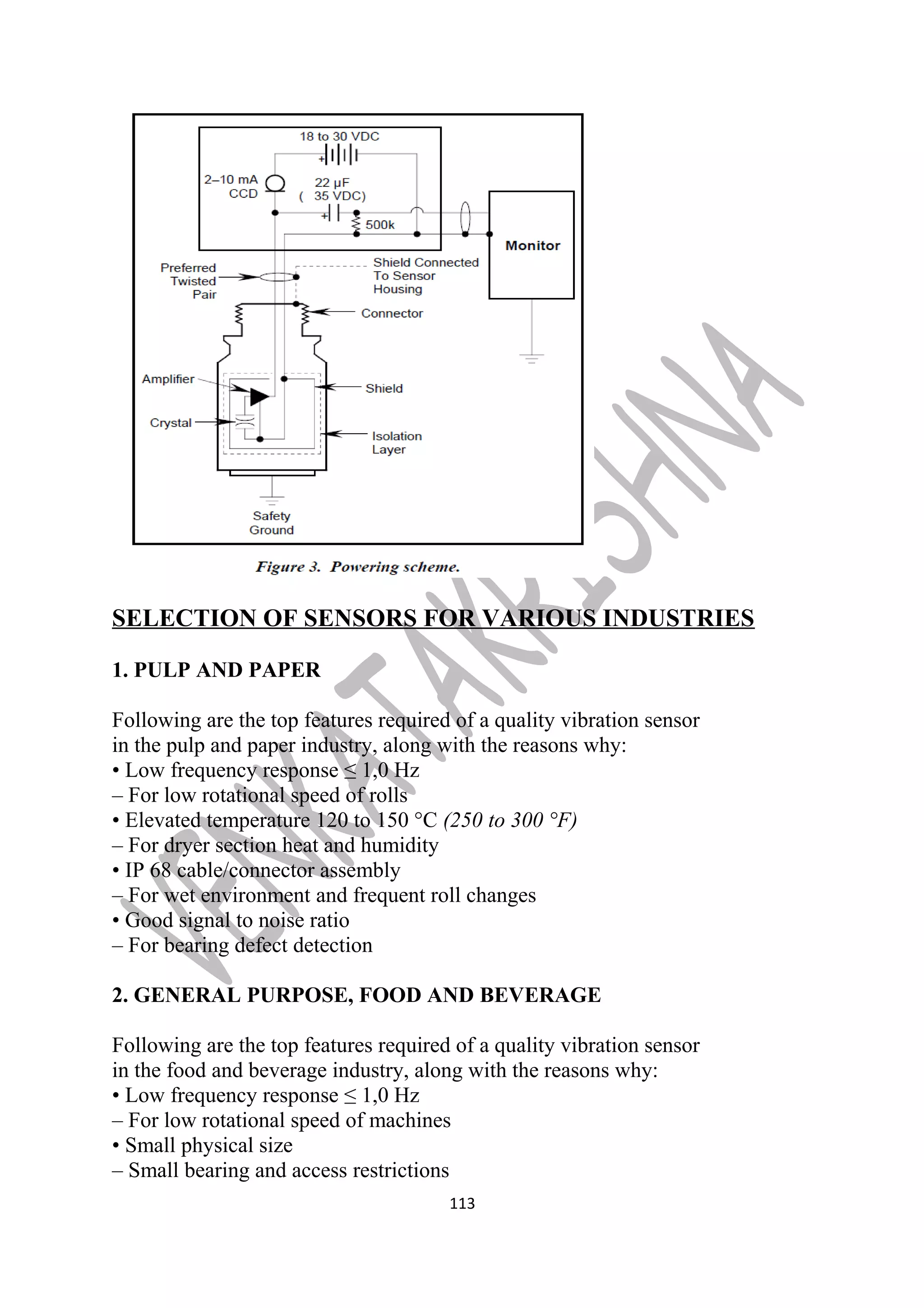 SELECTION OF SENSORS FOR VARIOUS INDUSTRIES 
1. PULP AND PAPER 
Following are the top features required of a quality vibration sensor 
in the pulp and paper industry, along with the reasons why: 
• Low frequency response ≤ 1,0 Hz 
– For low rotational speed of rolls 
• Elevated temperature 120 to 150 °C (250 to 300 °F) 
– For dryer section heat and humidity 
• IP 68 cable/connector assembly 
– For wet environment and frequent roll changes 
• Good signal to noise ratio 
– For bearing defect detection 
2. GENERAL PURPOSE, FOOD AND BEVERAGE 
Following are the top features required of a quality vibration sensor 
in the food and beverage industry, along with the reasons why: 
• Low frequency response ≤ 1,0 Hz 
– For low rotational speed of machines 
• Small physical size 
– Small bearing and access restrictions 
113 
 