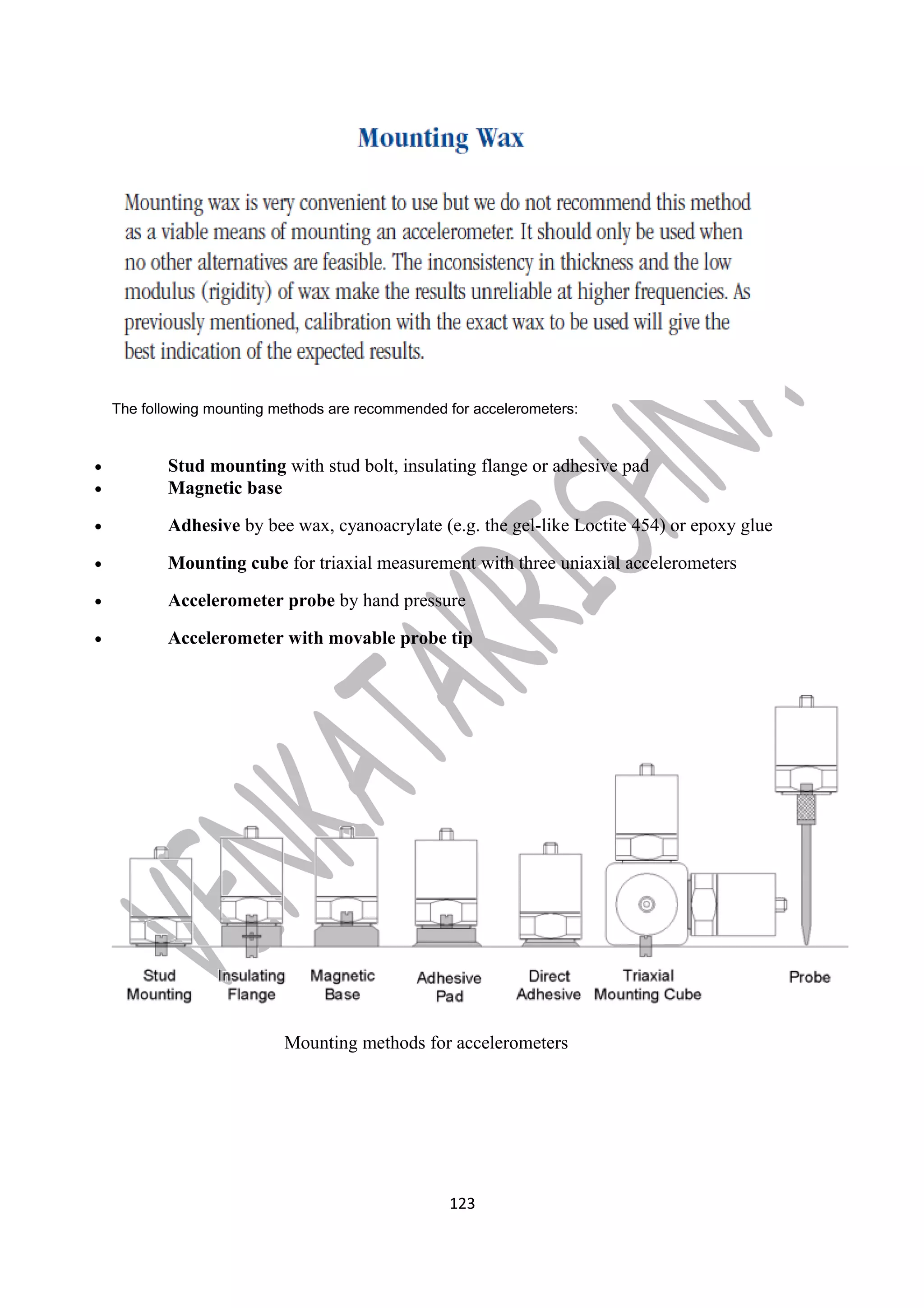 The following mounting methods are recommended for accelerometers: 
· Stud mounting with stud bolt, insulating flange or adhesive pad 
· Magnetic base 
· Adhesive by bee wax, cyanoacrylate (e.g. the gel-like Loctite 454) or epoxy glue 
· Mounting cube for triaxial measurement with three uniaxial accelerometers 
· Accelerometer probe by hand pressure 
· Accelerometer with movable probe tip 
Mounting methods for accelerometers 
123 
 