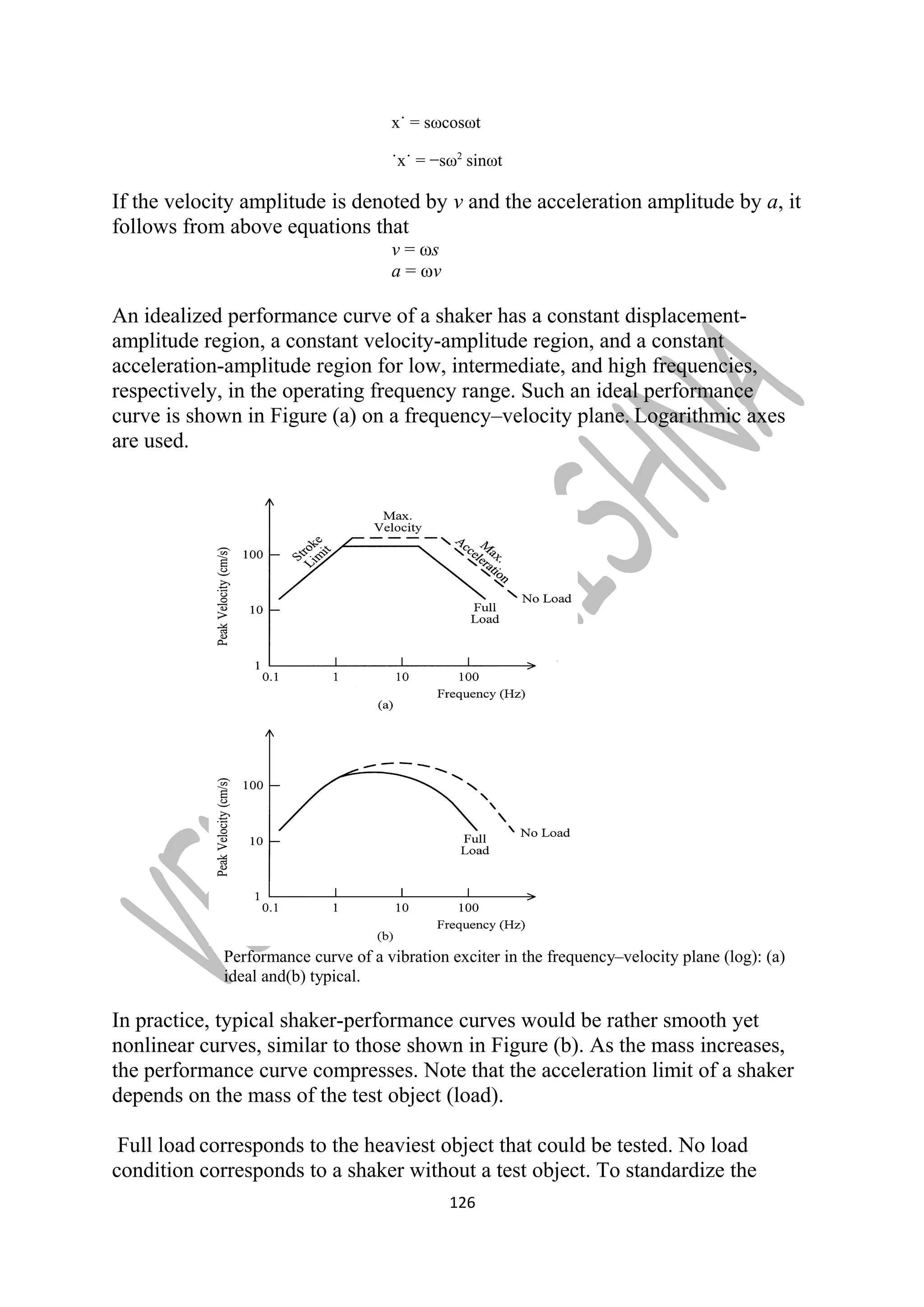 x˙ = sωcosωt 
˙x˙ = −sω2 sinωt 
If the velocity amplitude is denoted by v and the acceleration amplitude by a, it 
follows from above equations that 
v = ωs 
a = ωv 
An idealized performance curve of a shaker has a constant displacement-amplitude 
region, a constant velocity-amplitude region, and a constant 
acceleration-amplitude region for low, intermediate, and high frequencies, 
respectively, in the operating frequency range. Such an ideal performance 
curve is shown in Figure (a) on a frequency–velocity plane. Logarithmic axes 
are used. 
Performance curve of a vibration exciter in the frequency–velocity plane (log): (a) 
ideal and(b) typical. 
In practice, typical shaker-performance curves would be rather smooth yet 
nonlinear curves, similar to those shown in Figure (b). As the mass increases, 
the performance curve compresses. Note that the acceleration limit of a shaker 
depends on the mass of the test object (load). 
Full load corresponds to the heaviest object that could be tested. No load 
condition corresponds to a shaker without a test object. To standardize the 
126 
 
