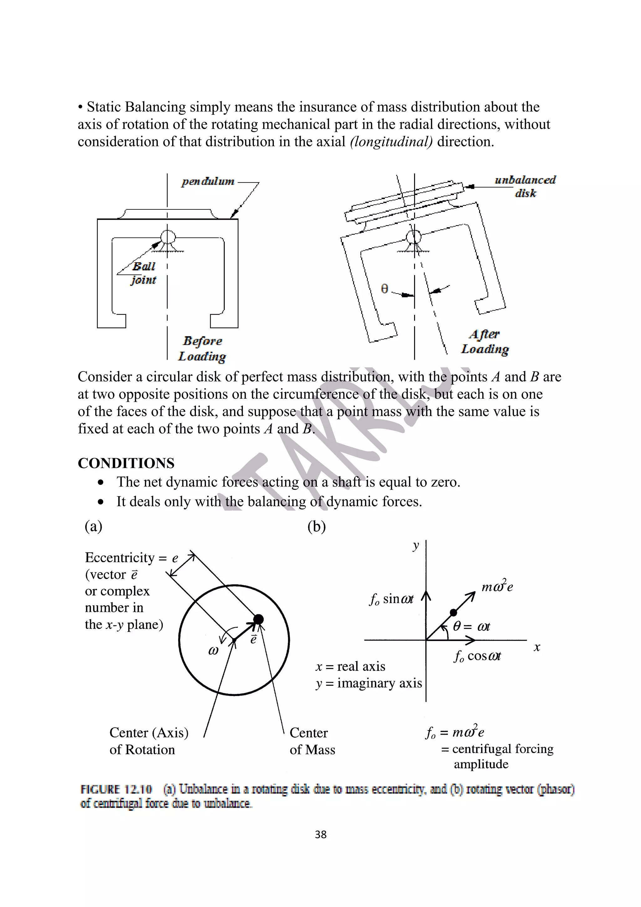 • Static Balancing simply means the insurance of mass distribution about the 
axis of rotation of the rotating mechanical part in the radial directions, without 
consideration of that distribution in the axial (longitudinal) direction. 
Consider a circular disk of perfect mass distribution, with the points A and B are 
at two opposite positions on the circumference of the disk, but each is on one 
of the faces of the disk, and suppose that a point mass with the same value is 
fixed at each of the two points A and B. 
CONDITIONS 
· The net dynamic forces acting on a shaft is equal to zero. 
· It deals only with the balancing of dynamic forces. 
38 
 