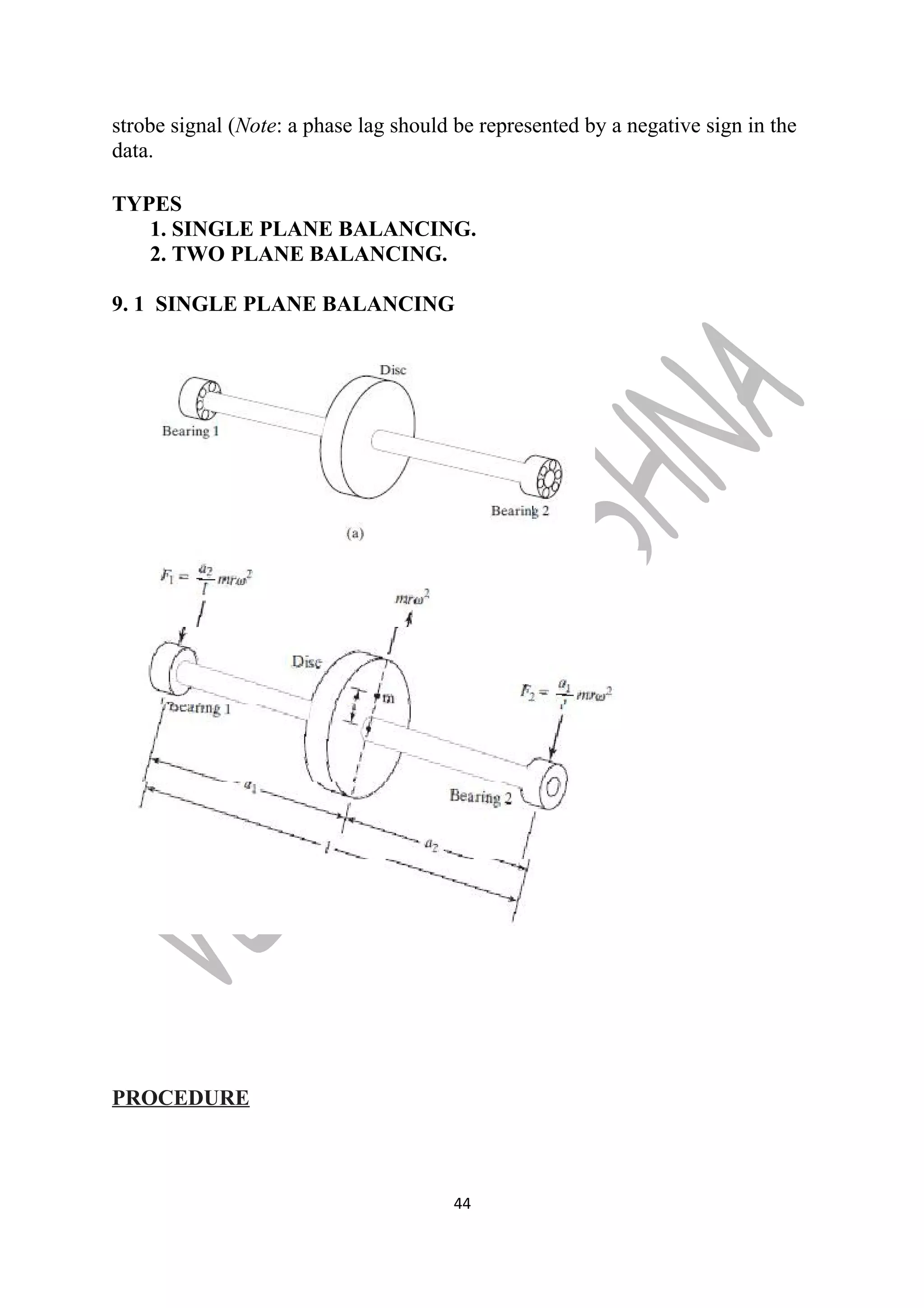 strobe signal (Note: a phase lag should be represented by a negative sign in the 
data. 
TYPES 
1. SINGLE PLANE BALANCING. 
2. TWO PLANE BALANCING. 
9. 1 SINGLE PLANE BALANCING 
PROCEDURE 
44 
 