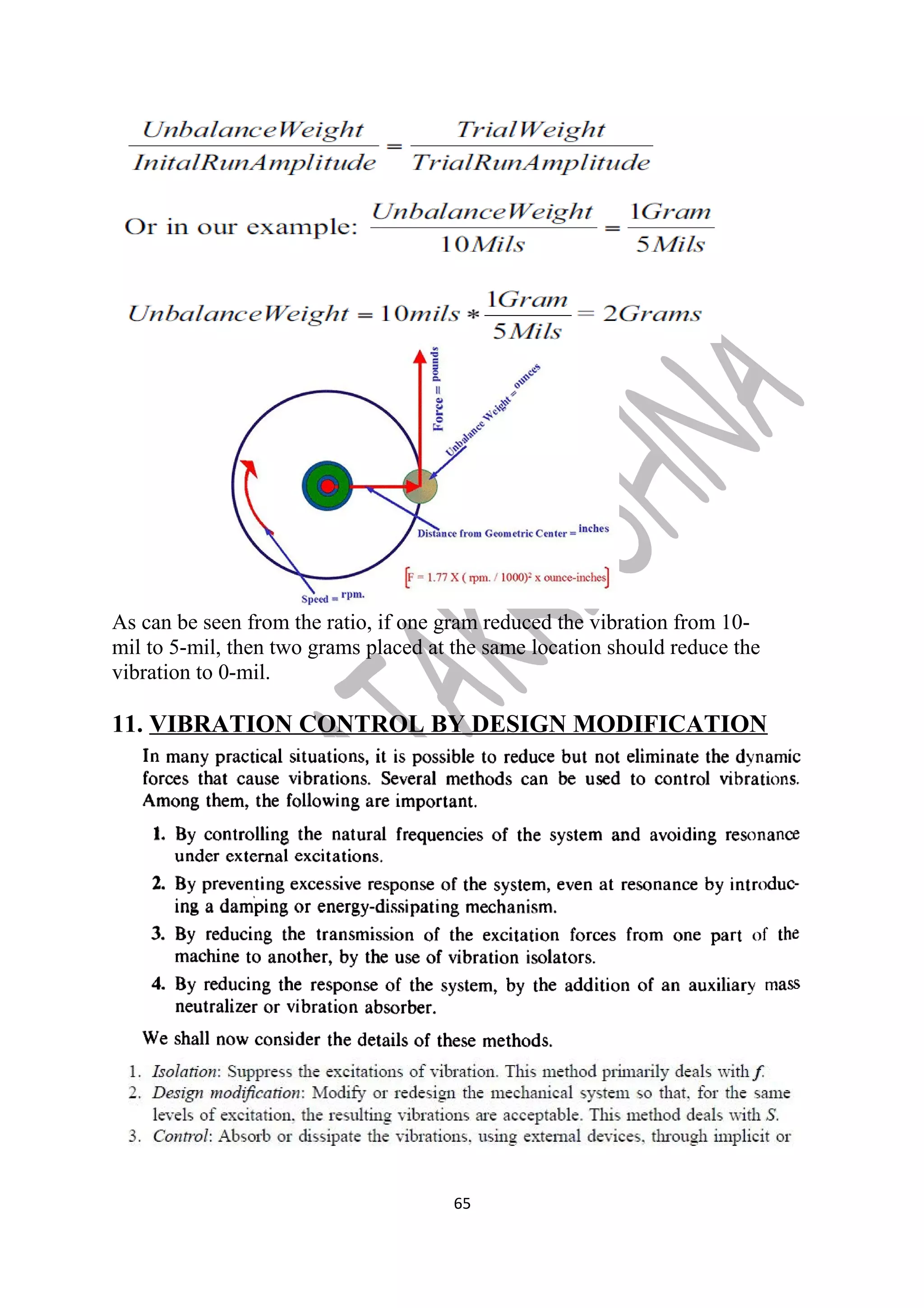 As can be seen from the ratio, if one gram reduced the vibration from 10- 
mil to 5-mil, then two grams placed at the same location should reduce the 
vibration to 0-mil. 
11. VIBRATION CONTROL BY DESIGN MODIFICATION 
65 
 