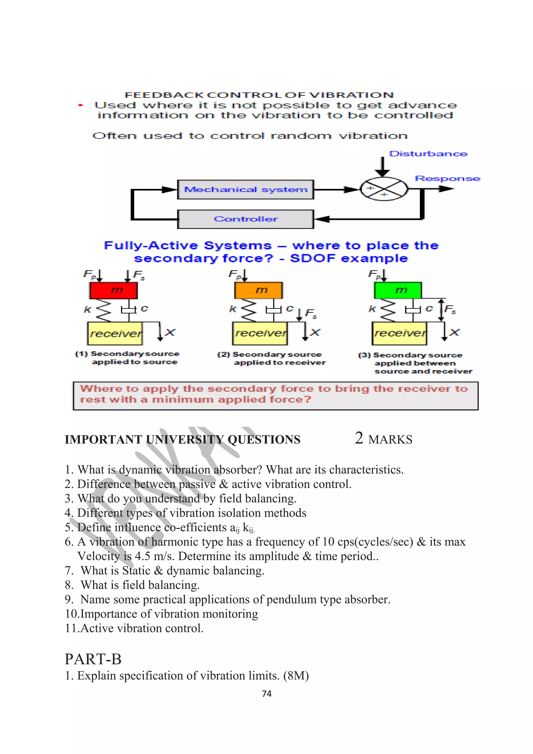 IMPORTANT UNIVERSITY QUESTIONS 2 MARKS 
1. What is dynamic vibration absorber? What are its characteristics. 
2. Difference between passive & active vibration control. 
3. What do you understand by field balancing. 
4. Different types of vibration isolation methods 
5. Define influence co-efficients aij kij. 
6. A vibration of harmonic type has a frequency of 10 cps(cycles/sec) & its max 
Velocity is 4.5 m/s. Determine its amplitude & time period.. 
7. What is Static & dynamic balancing. 
8. What is field balancing. 
9. Name some practical applications of pendulum type absorber. 
10.Importance of vibration monitoring 
11.Active vibration control. 
PART-B 
1. Explain specification of vibration limits. (8M) 
74 
 