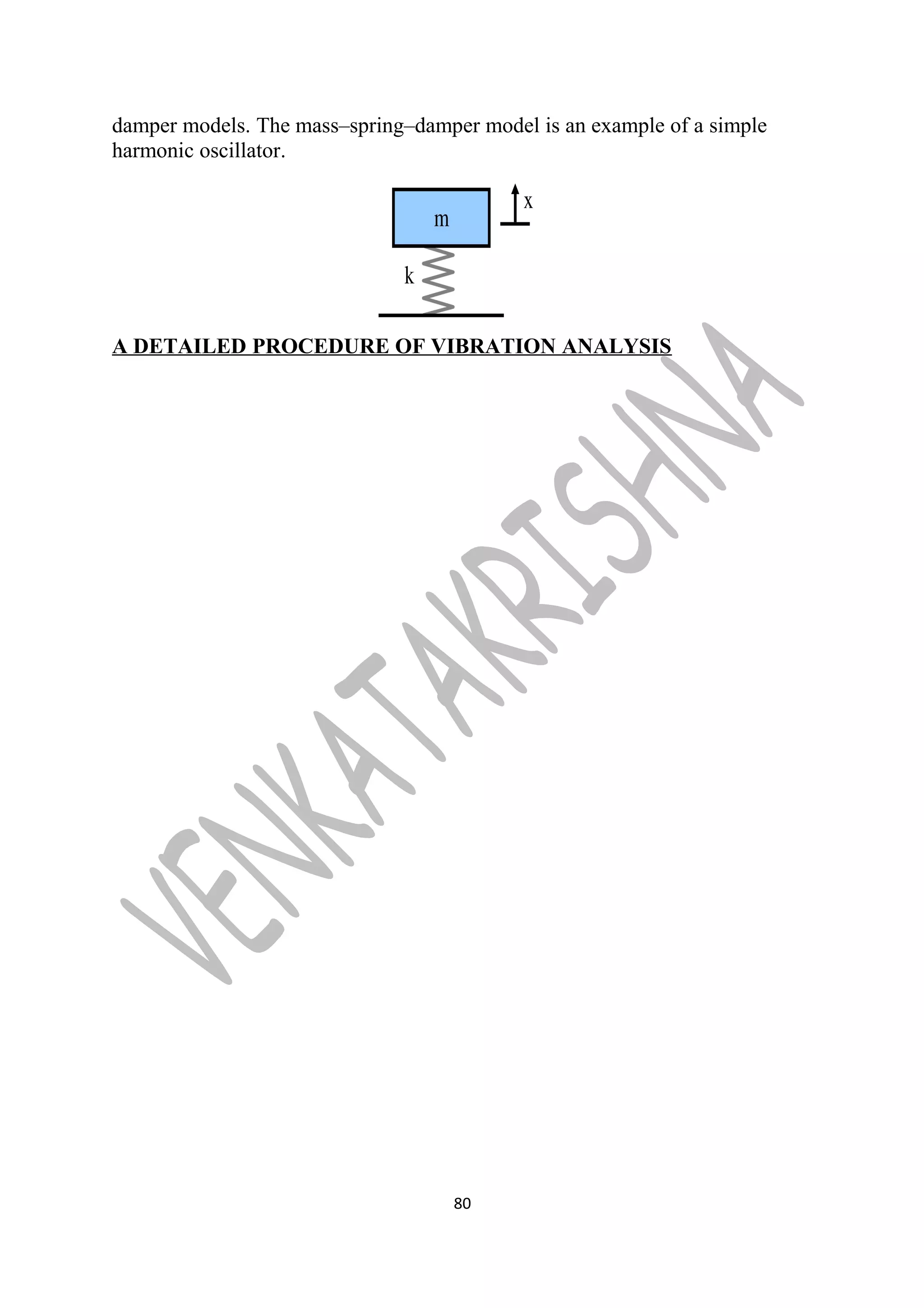 damper models. The mass–spring–damper model is an example of a simple 
harmonic oscillator. 
A DETAILED PROCEDURE OF VIBRATION ANALYSIS 
80 
 