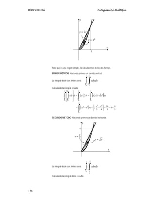 Integración Múltiple

MOISES VILLENA

Note que es una región simple-, la calcularemos de las dos formas.
PRIMER MÉTODO: Haciendo primero un barrido vertical.
2

2x

∫∫

La integral doble con límites será:

0

xdydx

x2

Calculando la integral, resulta:
2

⎡ 2x
⎤
⎢
⎥
⎢ xdy ⎥dx =
⎢
⎥
⎢ x2
⎥
⎣
⎦

∫∫
0

2

∫

[xy]

=

0

2

=

2

2x
dx
x2

∫

∫

[x(2 x) − x(x )]dx
2

0

(2 x

2

)

⎛ x 3 x 4 ⎞ 16
4
⎟=
− x3 dx = ⎜ 2 −
−4 =
⎜ 3
4 ⎟ 3
3
⎝
⎠

0

SEGUNDO METODO: Haciendo primero un barrido horizontal.

4

La integral doble con límites será:

∫∫
0

Calculando la integral doble, resulta:

158

y

y
2

xdxdy

 