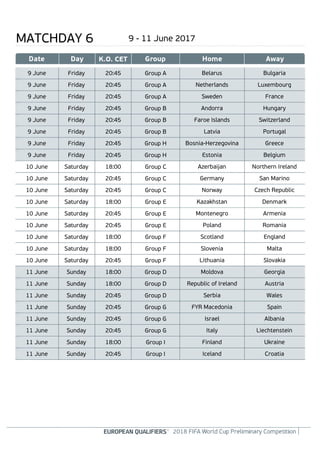 MATCHDAY 6 9 - 11 June 2017
Belarus Bulgaria9 June 20:45 Group AFriday
Netherlands Luxembourg9 June 20:45 Group AFriday
Sweden France9 June 20:45 Group AFriday
Andorra Hungary9 June 20:45 Group BFriday
Faroe Islands Switzerland9 June 20:45 Group BFriday
Latvia Portugal9 June 20:45 Group BFriday
Bosnia-Herzegovina Greece9 June 20:45 Group HFriday
Estonia Belgium9 June 20:45 Group HFriday
Azerbaijan Northern Ireland10 June 18:00 Group CSaturday
Germany San Marino10 June 20:45 Group CSaturday
Norway Czech Republic10 June 20:45 Group CSaturday
Kazakhstan Denmark10 June 18:00 Group ESaturday
Montenegro Armenia10 June 20:45 Group ESaturday
Poland Romania10 June 20:45 Group ESaturday
Scotland England10 June 18:00 Group FSaturday
Slovenia Malta10 June 18:00 Group FSaturday
Lithuania Slovakia10 June 20:45 Group FSaturday
Moldova Georgia11 June 18:00 Group DSunday
Republic of Ireland Austria11 June 18:00 Group DSunday
Serbia Wales11 June 20:45 Group DSunday
FYR Macedonia Spain11 June 20:45 Group GSunday
Israel Albania11 June 20:45 Group GSunday
Italy Liechtenstein11 June 20:45 Group GSunday
Finland Ukraine11 June 18:00 Group ISunday
Iceland Croatia11 June 20:45 Group ISunday
 