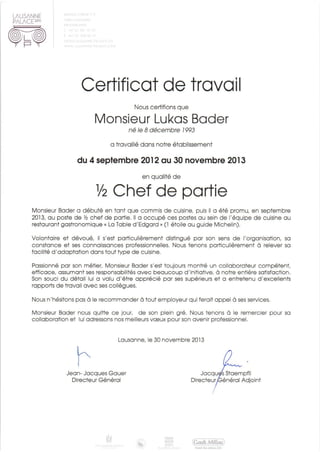 Certificat de travail Lausanne Palace