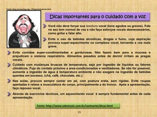 Dicas importantes para oo ccuuiiddaaddoo ccoomm aa vvoozz 
Você não deve forçar sua tessitura vocal (tons agudos ou graves). Fale 
no seu tom normal de voz e não faça esforços vocais desnecessários, 
como gritar e falar alto. 
Evite o uso de bebidas alcoólicas, drogas e fumo, cuja aspiração 
provoca super-aquecimento no complexo vocal, tornando a voz mais 
grave. 
Evite comidas super-condimentadas e gordurosas. Não fazem bem para a mucosa e 
prejudicam o sistema respiratório. Alimentos pesados antes de dormir irritam as pregas 
vocais. 
Cuidado com mudanças bruscas de temperatura, seja por ingestão de líquidos ou fatores 
climáticos. Fuja do contato próximo a ares-condicionados e ventiladores. Se não for possível, 
aumente a ingestão de água à temperatura ambiente e não exagere na ingestão de bebidas 
quentes em excesso, (chá, café, chocolate, etc.). 
Nas aulas, procure sempre cantar em pé, com postura ereta, sem rigidez. Evite roupas 
apertadas e relaxe a musculatura do corpo, principalmente a do tronco. Após a apresentação, 
faça repouso vocal. 
Através de exercícios técnicos, um aquecimento vocal é sempre fundamental antes de cada 
apresentação. 
Fonte: http://www.edumusic.com.br/cantoarte/dicas.html 
15 
Fonte: blog.uncovering.org/.../07/goncaricaturas.html 
 