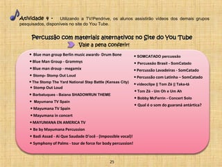 Atividade 4 - Utilizando a TV/Pendrive, os alunos assistirão vídeos dos demais grupos 
pesquisados, disponíveis no site do You Tube. 
Percussão com materiais alternativos nnoo SSiittee ddoo YYoouu TTuubbee 
Vale a pena conferir! 
• Blue man group Berlin music awards- Drum Bone 
• Blue Man Group - Grammys 
• Blue man droup - megamix 
• Stomp- Stomp Out Loud 
• The Stomp The Yard National Step Battle (Kansas City) 
• Stomp Out Loud 
• SOMCATADO percussão 
• Percussão Brasil - SomCatado 
• Percussão Lavadeiras - SomCatado 
• Percussão com Latinha – SomCatado 
• Barbatuques - Baiana SHADOWRUN THEME 
• Mayumana TV Spain 
• Mayumana TV Spain 
• Mayumana in concert 
• MAYUMANA EN AMERICA TV 
• Be by Mayumana Percussion 
• Symphony of Palms - tour de force for body percussion! 
• videoclipe || Tom Zé || Taka-tá 
• Tom Zé - Um Oh e Um Ah 
• Badi Assad - Ai Que Saudade D'ocê - (Impossible vocal)! 
• Bobby McFerrin - Concert Solo 
25 
• Qual é o som do guaraná antártica? 
 