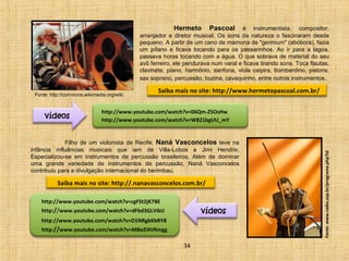 Hermeto Pascoal é instrumentista, compositor, 
arranjador e diretor musical. Os sons da natureza o fascinaram desde 
pequeno. A partir de um cano de mamona de "gerimum" (abóbora), fazia 
um pífano e ficava tocando para os passarinhos. Ao ir para a lagoa, 
passava horas tocando com a água. O que sobrava de material do seu 
avô ferreiro, ele pendurava num varal e ficava tirando sons. Toca flautas, 
clavinete, piano, harmônio, sanfona, viola caipira, bombardino, pistons, 
sax soprano, percussão, buzina, cavaquinho, entre outros instrumentos. 
Saiba mais no site: http://www.hermetopascoal.com.br/ 
vídeos http://www.youtube.com/watch?v=06Qm-Z5OsHw 
http://www.youtube.com/watch?v=W821bgUU_mY 
Filho de um violonista de Recife, Naná Vasconcelos teve na 
infância influências musicais que iam de Villa-Lobos a Jimi Hendrix. 
Especializou-se em instrumentos de percussão brasileiros. Além de dominar 
uma grande variedade de instrumentos de percussão, Naná Vasconcelos 
contribuiu para a divulgação internacional do berimbau. 
Saiba mais no site: http://.nanavasconcelos.com.br/ 
vídeos 
http://www.youtube.com/watch?v=cgFSt2jK7BE 
http://www.youtube.com/watch?v=dFbd3GLVikU 
http://www.youtube.com/watch?v=O1NRgbKbRY8 
http://www.youtube.com/watch?v=MBeZi4VRmgg 
34 
Fonte: http://commons.wikimedia.org/wiki 
Fonte: www.radio.usp.br/programa.php?id 
 