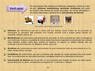 Os instrumentos são divididos em diferentes categorias, conforme o tipo 
de som: idiofones, membrafones, aerofones, cordofones (nos quais 
se incluem instrumentos de cordas percutidas, de cordas esfregadas e 
de cordas beliscadas) e finalmente os instrumentos de lâminas. 
Você sabia? 
Fonte: www.fesa.org.br/Imprensa/AngolaHoje/2005/ 
Idiofones são instrumentos cujo som é obtido pela sua vibração inteira. Podem ser de percussão, de 
entrechoque ou sacudidos. Não produzem som musical, somente ruído e exigem gestos motores. Ex: 
chocalhos, maracás, guizos, etc. 
Membrafones são instrumentos exclusivamente de percussão. O som é produzido por meio da vibração de 
uma membrana. A altura e a qualidade do timbre destes instrumentos dependem da elasticidade dos materiais 
neles utilizados. Existem vários tipos, variando no tamanho, no aspecto, no material utilizado para sua 
confecção e no som produzido. Ex: atabaque, tambor, cuíca, etc. 
Aerofones são instrumentos de sopro que produzem os sons musicais por meio de uma corrente de ar. Ex: 
apitos, flautas, pífaros, trompas. 
Cordofones são instrumentos cujo som é produzido pela vibração de cordas esticadas entre dois pontos 
fixos. As cordas podem ser percutidas (berimbau), esfregadas (kakocha) ou beliscadas (tchihumba). 
Instrumentos de lâminas são os que têm um som produzido pela vibração de placas de metal quando 
pressionadas com os dedos, normalmente os polegares. Ex: a marimba e o kissanji. 
56 
 
