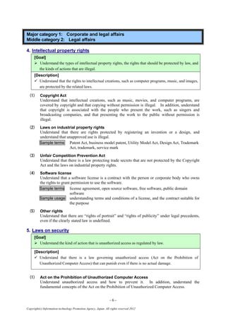 - 6 -
Copyright(c) Information-technology Promotion Agency, Japan. All rights reserved 2012
Major category 1: Corporate and legal affairs
Middle category 2: Legal affairs
4. Intellectual property rights
[Goal]
 Understand the types of intellectual property rights, the rights that should be protected by law, and
the kinds of actions that are illegal.
[Description]
 Understand that the rights to intellectual creations, such as computer programs, music, and images,
are protected by the related laws.
(1) Copyright Act
Understand that intellectual creations, such as music, movies, and computer programs, are
covered by copyright and that copying without permission is illegal. In addition, understand
that copyright is associated with the people who present the work, such as singers and
broadcasting companies, and that presenting the work to the public without permission is
illegal.
(2) Laws on industrial property rights
Understand that there are rights protected by registering an invention or a design, and
understand that unapproved use is illegal.
Sample terms Patent Act, business model patent, Utility Model Act, Design Act, Trademark
Act, trademark, service mark
(3) Unfair Competition Prevention Act
Understand that there is a law protecting trade secrets that are not protected by the Copyright
Act and the laws on industrial property rights.
(4) Software license
Understand that a software license is a contract with the person or corporate body who owns
the rights to grant permission to use the software.
Sample terms license agreement, open source software, free software, public domain
software
Sample usage understanding terms and conditions of a license, and the contract suitable for
the purpose
(5) Other rights
Understand that there are “rights of portrait” and “rights of publicity” under legal precedents,
even if the clearly stated law is undefined.
5. Laws on security
[Goal]
 Understand the kind of action that is unauthorized access as regulated by law.
[Description]
 Understand that there is a law governing unauthorized access (Act on the Prohibition of
Unauthorized Computer Access) that can punish even if there is no actual damage.
(1) Act on the Prohibition of Unauthorized Computer Access
Understand unauthorized access and how to prevent it. In addition, understand the
fundamental concepts of the Act on the Prohibition of Unauthorized Computer Access.
 