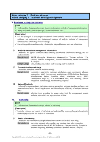 - 10 -
Copyright(c) Information-technology Promotion Agency, Japan. All rights reserved 2012
Major category 2: Business strategy
Middle category 3: Business strategy management
9. Business strategy techniques
[Goal]
 Understand the fundamental concepts about typical analysis methods of management information.
 Apply office tools (software packages) to familiar business tasks.
[Description]
 Use the techniques of analyzing the information about corporate activities under the supervisor’s
guidance, and understand the fundamental concepts of analysis methods of management
information for establishing business strategy.
 For solving problems and increasing efficiency for assigned business tasks, use office tools.
(1) Analysis methods of management information
Understand the typical techniques about utilizing information for business strategy, and use
analysis results.
Sample terms SWOT (Strengths, Weaknesses, Opportunities, Threats) analysis, PPM
(Product Portfolio Management), external environment, internal environment,
3C analysis
Sample usage sales, market, and product analysis using analysis methods
(2) Terms on business strategy
Understand the typical terms on business strategy.
Sample terms competitive superiority, customer satisfaction, core competence, alliance,
outsourcing, M&A (mergers and acquisitions), OEM (Original Equipment
Manufacturer), fables, franchise chain, experience curve, MBO
(Management Buy-Out), TOB (Take-Over Bid), scale economy, vertical
integration, niche strategy, benchmarking, logistics
(3) Using office tools
Utilize office tools (software packages), such as spreadsheet software, database software, and
presentation software, for solving problems and increasing the efficiency of assigned business
tasks.
Sample usage selecting tools according to usage; using tools for arrangement, search,
analysis, processing, and representation of data
10. Marketing
[Goal]
 Understand the fundamental concepts relevant to marketing.
[Description]
 Learn the existence and purpose of marketing, and understand the concepts of using information in
marketing by collection and analysis of related data.
(1) Basics of marketing
Understand the fundamental concepts and information utilization about marketing.
Sample terms marketing research, sales; product and purchase plan; sales promotion;
customer satisfaction, 4P, 4C, RFM (Recency: last purchase day, Frequency:
purchase frequency, Monetary: cumulative purchase amount) analysis,
 