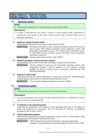 - 13 -
Copyright(c) Information-technology Promotion Agency, Japan. All rights reserved 2012
Major category 2: Business strategy
Middle category 5: Business industry
14. Business system
[Goal]
 Understand the characteristics of typical systems in various business fields.
[Description]
 In order to understand how the system is utilized in various business fields, understand the
characteristics and concepts of the typical systems that are used in business fields, such as
distribution and finance.
(1) Systems in typical business fields
Understand the characteristics of systems in typical business fields.
Sample terms distribution information system, financial information system, POS (point of
sales) system, GPS (global positioning system) application system, GIS
(Geographic Information System), ETC (electronic toll collection) system,
IC card, RFID (IC tag), electronic money, SFA (Sales Force Automation),
traceability, smart grid
Sample usage business improvement using IC cards or RFID
(2) Software packages in typical business systems
Understand the characteristics of the software packages in typical business systems.
Sample terms software package for each job role (accounting, marketing support, sales
management software), software package for each industry (software
packages for finance, medical services, production, transportation), DTP
(DeskTop Publishing)
(3) Systems in other fields
Understand that there are typical administrative systems such as the Basic Resident Register
Network System, and an electronic application and notification system.
Sample terms CTI (Computer Telephony Integration), electronic bidding
15. Engineering system
[Goal]
 Understand the characteristics of typical systems in the engineering field.
[Description]
 Learn the characteristics and concepts of typical engineering systems to understand the system
usage situation in the engineering field.
(1) IT utilization in the engineering field
Understand the significance of IT utilization in the engineering field, such as “the support of
design and production by automation” and “the promotion of efficiency in production
management and inventory control.”
(2) Typical engineering systems
Understand the characteristics of typical engineering systems, such as CAD (Computer Aided
Design) and CAM (Computer Aided Manufacturing).
Sample terms CIM (Computer-Integrated Manufacturing), concurrent engineering,
simulation, sensing technology, production method, JIT (Just In Time), FMS
 