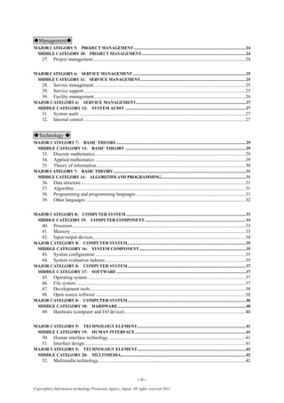 - ii -
Copyright(c) Information-technology Promotion Agency, Japan. All rights reserved 2012
◆Management◆
MAJOR CATEGORY 5: PROJECT MANAGEMENT.......................................................................................................24
MIDDLE CATEGORY 10: PROJECT MANAGEMENT................................................................................................24
27. Project management...............................................................................................................................24
MAJOR CATEGORY 6: SERVICE MANAGEMENT........................................................................................................25
MIDDLE CATEGORY 11: SERVICE MANAGEMENT.................................................................................................25
28. Service management..............................................................................................................................25
29. Service support ......................................................................................................................................25
30. Facility management..............................................................................................................................26
MAJOR CATEGORY 6: SERVICE MANAGEMENT.....................................................................................................27
MIDDLE CATEGORY 12: SYSTEM AUDIT ...............................................................................................................27
31. System audit ..........................................................................................................................................27
32. Internal control ......................................................................................................................................27
◆Technology ◆
MAJOR CATEGORY 7: BASIC THEORY.......................................................................................................................29
MIDDLE CATEGORY 13: BASIC THEORY ...............................................................................................................29
33. Discrete mathematics.............................................................................................................................29
34. Applied mathematics .............................................................................................................................29
35. Theory of information............................................................................................................................30
MAJOR CATEGORY 7: BASIC THEORY..........................................................................................................................31
MIDDLE CATEGORY 14: ALGORITHM AND PROGRAMMING..............................................................................31
36. Data structure.........................................................................................................................................31
37. Algorithm...............................................................................................................................................31
38. Programming and programming languages...........................................................................................31
39. Other languages .....................................................................................................................................32
MAJOR CATEGORY 8: COMPUTER SYSTEM ..............................................................................................................33
MIDDLE CATEGORY 15: COMPUTER COMPONENT.............................................................................................33
40. Processor................................................................................................................................................33
41. Memory .................................................................................................................................................33
42. Input/output devices...............................................................................................................................34
MAJOR CATEGORY 8: COMPUTER SYSTEM.............................................................................................................35
MIDDLE CATEGORY 16: SYSTEM COMPONENT..................................................................................................35
43. System configuration.............................................................................................................................35
44. System evaluation indexes.....................................................................................................................35
MAJOR CATEGORY 8: COMPUTER SYSTEM.............................................................................................................37
MIDDLE CATEGORY 17: SOFTWARE.......................................................................................................................37
45. Operating system ...................................................................................................................................37
46. File system.............................................................................................................................................37
47. Development tools.................................................................................................................................38
48. Open source software ............................................................................................................................38
MAJOR CATEGORY 8: COMPUTER SYSTEM.............................................................................................................40
MIDDLE CATEGORY 18: HARDWARE......................................................................................................................40
49. Hardware (computer and I/O device) ....................................................................................................40
MAJOR CATEGORY 9: TECHNOLOGY ELEMENT....................................................................................................41
MIDDLE CATEGORY 19: HUMAN INTERFACE......................................................................................................41
50. Human interface technology..................................................................................................................41
51. Interface design......................................................................................................................................41
MAJOR CATEGORY 9: TECHNOLOGY ELEMENT....................................................................................................42
MIDDLE CATEGORY 20: MULTIMEDIA...................................................................................................................42
52. Multimedia technology..........................................................................................................................42
 