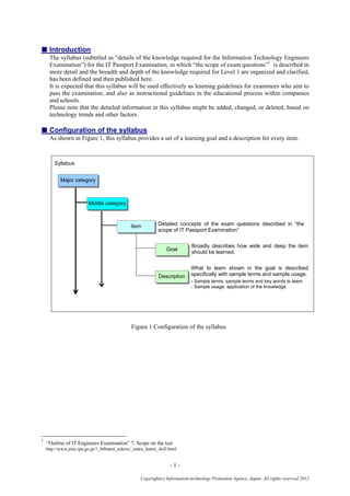 - 1 -
Copyright(c) Information-technology Promotion Agency, Japan. All rights reserved 2012
■ Introduction
The syllabus (subtitled as “details of the knowledge required for the Information Technology Engineers
Examination”) for the IT Passport Examination, in which “the scope of exam questions”1
is described in
more detail and the breadth and depth of the knowledge required for Level 1 are organized and clarified,
has been defined and then published here.
It is expected that this syllabus will be used effectively as learning guidelines for examinees who aim to
pass the examination, and also as instructional guidelines in the educational process within companies
and schools.
Please note that the detailed information in this syllabus might be added, changed, or deleted, based on
technology trends and other factors.
■ Configuration of the syllabus
As shown in Figure 1, this syllabus provides a set of a learning goal and a description for every item.
Figure 1 Configuration of the syllabus
1
“Outline of IT Engineers Examination” 7. Scope on the test
http://www.jitec.ipa.go.jp/1_04hanni_sukiru/_index_hanni_skill.html
Syllabus
Detailed concepts of the exam questions described in “the
scope of IT Passport Examination”
Broadly describes how wide and deep the item
should be learned.
What to learn shown in the goal is described
specifically with sample terms and sample usage.
- Sample terms: sample terms and key words to learn
- Sample usage: application of the knowledge
Major category
Middle category
Item
Goal
Description
 