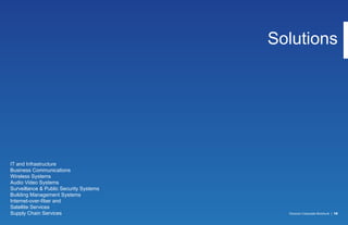IT and Infrastructure
Business Communications
Wireless Systems
Audio Video Systems
Surveillance & Public Security Systems
Building Management Systems
Internet-over-fiber and
Satellite Services
Supply Chain Services Vizocom Corporate Brochure | 19
Solutions
 