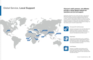 Global Service, Local Support
USA
Libya
DRC
Iraq
UAE
Afghanistan
India
Bangladesh
Philippines
Baghdad
Erbil
Basrah
Nigeria
Gabon
Vizocom’s staff, partners, and affiliates
provide a robust global network for
seamless service and support
Strategically positioned it’s HQ in Dubai with offices in other parts of
MEA and CIS region, we provide our Internet services globally and
IT, ELV and procurement services in Middle East, Africa, and CIS
countries. Vizocom’s high customer retention is a result of our loyalty
to our customers. Our customers trust us and we are loyal to them. We
endeavour to support our clients in their new locations, and this has
positively contributed to our aggressive market expansion strategy. We
have steadily grown to become a regional leader.
Full scope of ICT and ELV services
Vizocom is a full scope ICT, ELV and SATCOM System
Integrator and Solution Provider for governments,
Oil and Gas, Mining, Construction, Security and
NGO verticals. We provide full scope of ICT and ELV
services in the Middle East and Africa markets.
Global Reach
Vizocom has a global footprint using 15 satellites in
multiple bands to support multiple platforms covering
all continents and oceans. We support our clients in
over 120 countries thru our own staff & branch offices,
and professional affiliates & partners.
Local Presence
Vizocom’s IT & satellite communication and ELV
& Security solutions are supported locally through
branch office and partners, giving our customers the
advantage of getting support for their businesses when
and where they need it.
Vizocom Corporate Brochure | 03
 