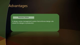A design review management system that enforces design rule
checks for designs in production.
Business Values
 