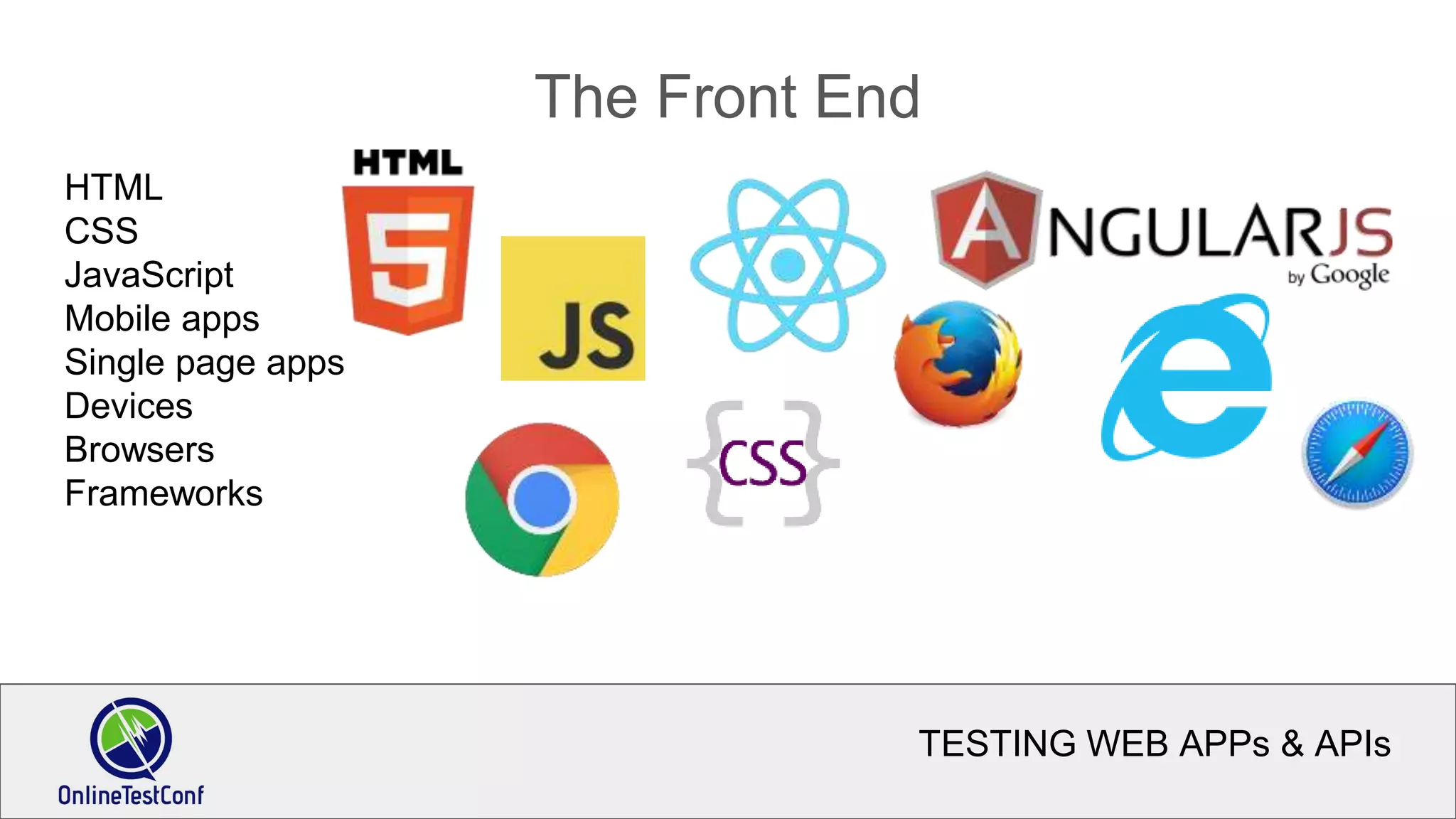 TESTING WEB APPs & APIs
The Front End
HTML
CSS
JavaScript
Mobile apps
Single page apps
Devices
Browsers
Frameworks
 